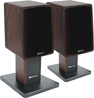 Rockville ELITE-5D Bundle: Dark Wood 800W 5.25" Bluetooth Bookshelf Speakers, Pair RHT8D Monitor Desktop Stands, 2 Items