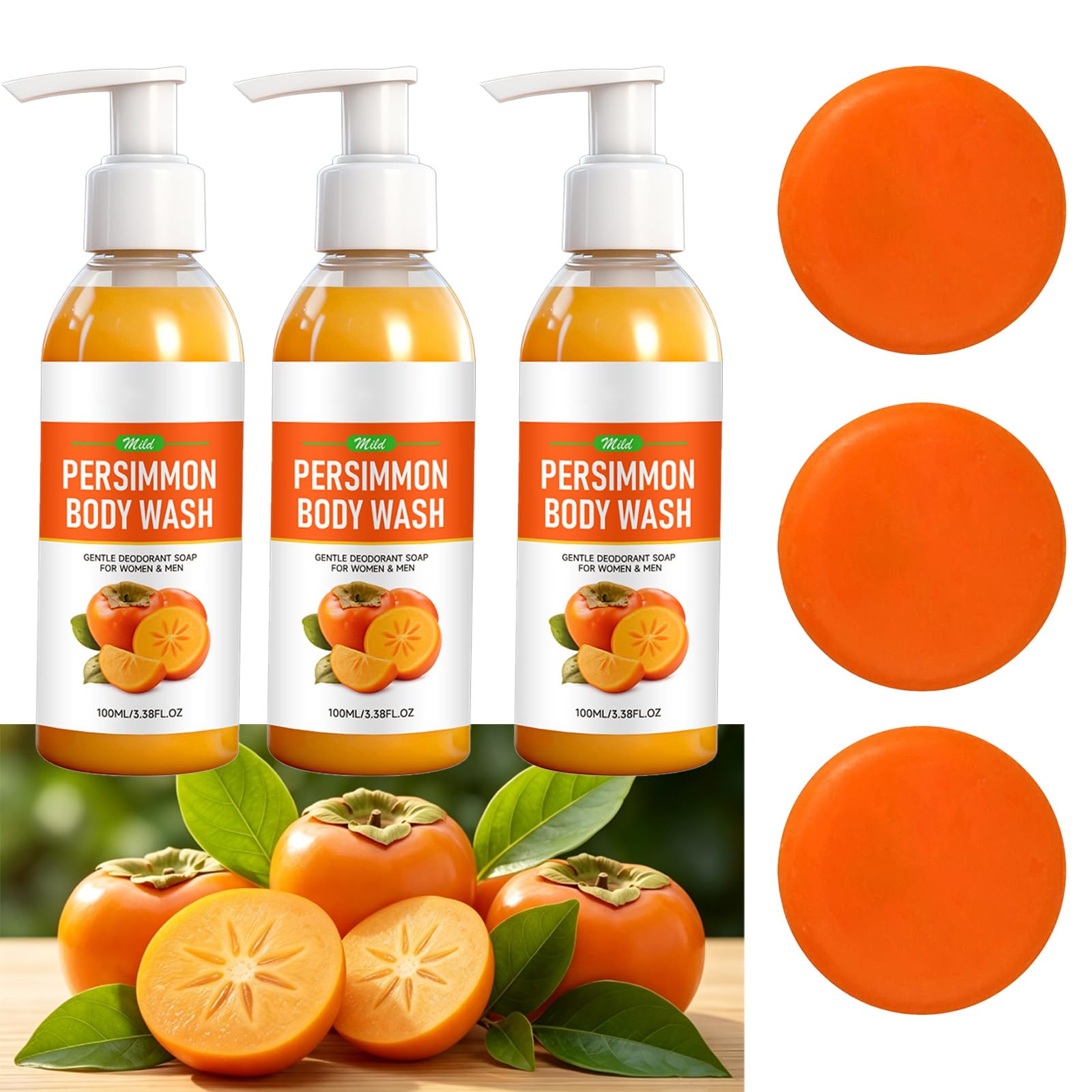 Persimmon dezodoryzujące mydło do ciała i mydło w kostce dla dojrzałego zapachu, dezodorant w kolorze khaki, mydło do czyszczenia zapachu ciała i stóp, żel pod prysznic dla zapachu skóry (3 zestawy)