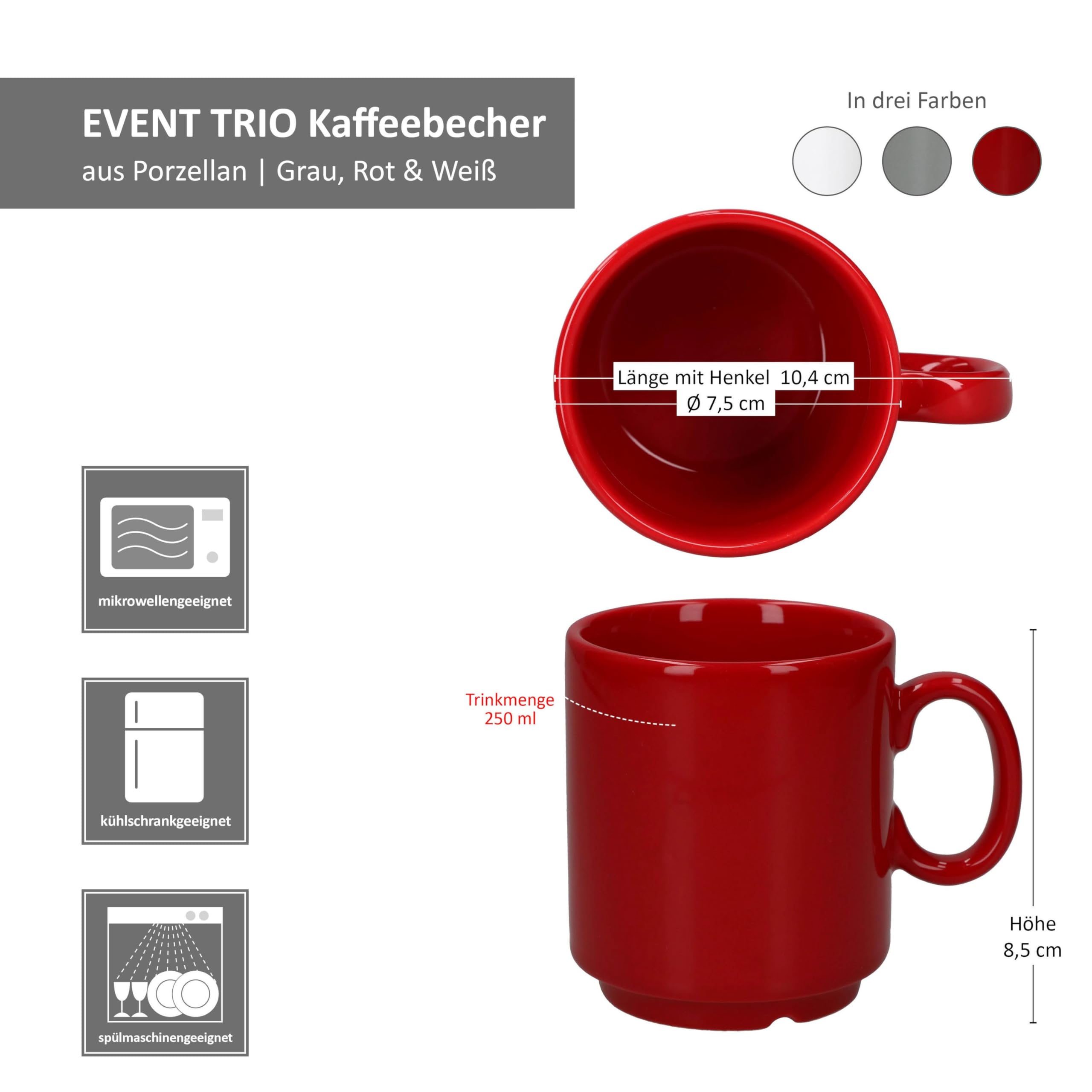 MamboCat Event Trio 36er Set Kaffeebecher I 250 ml I graue, rote & weiße Porzellan-Becher mit Henkel I 36 Personen I stapelbare Tassen für Tee, Kakao, Latte Macchiato & Co I Kaffee-Geschirr