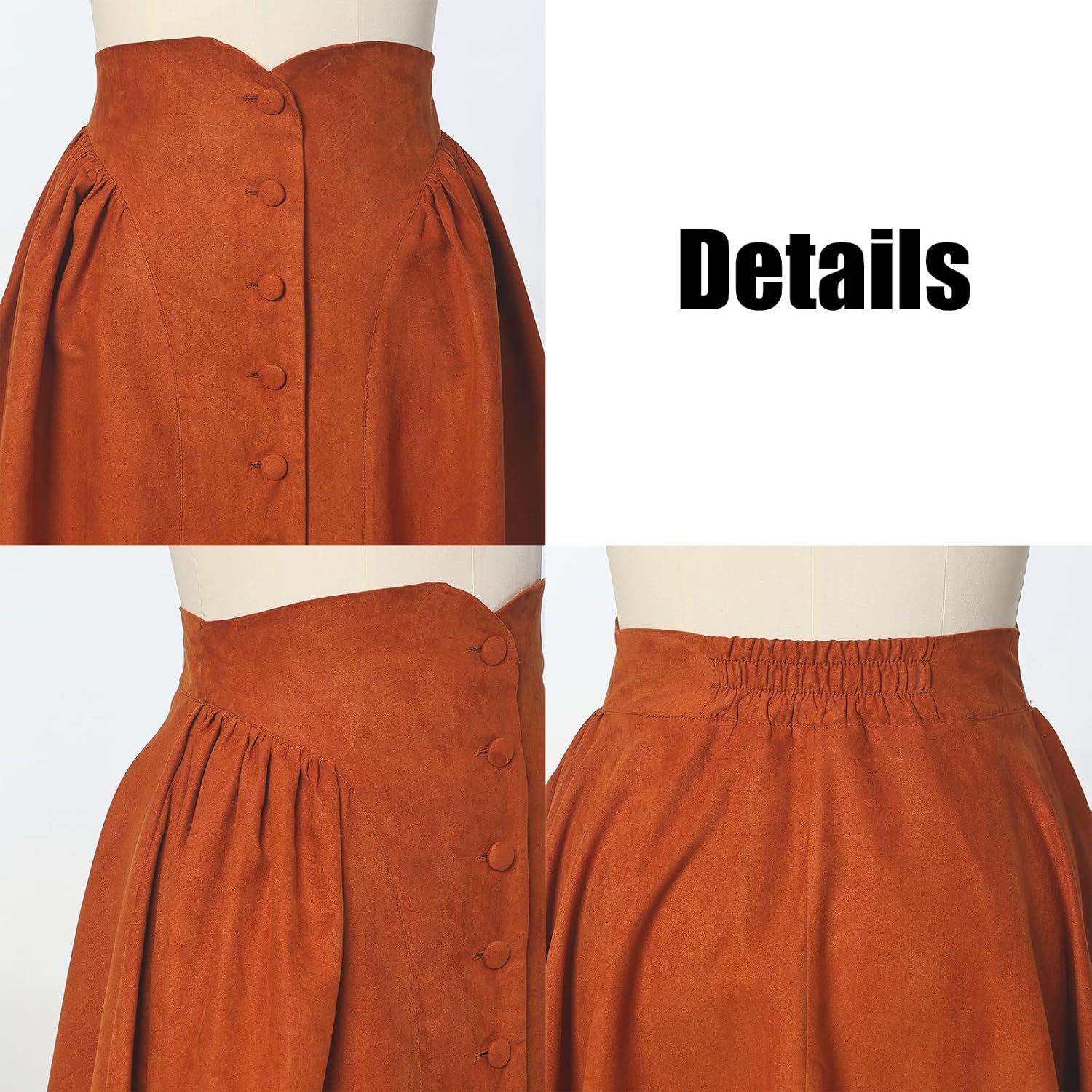 Vintage High Waist Skirt for Women Medieval Faux Suede A Line Midi Skirt Winter Fall Button Skirts