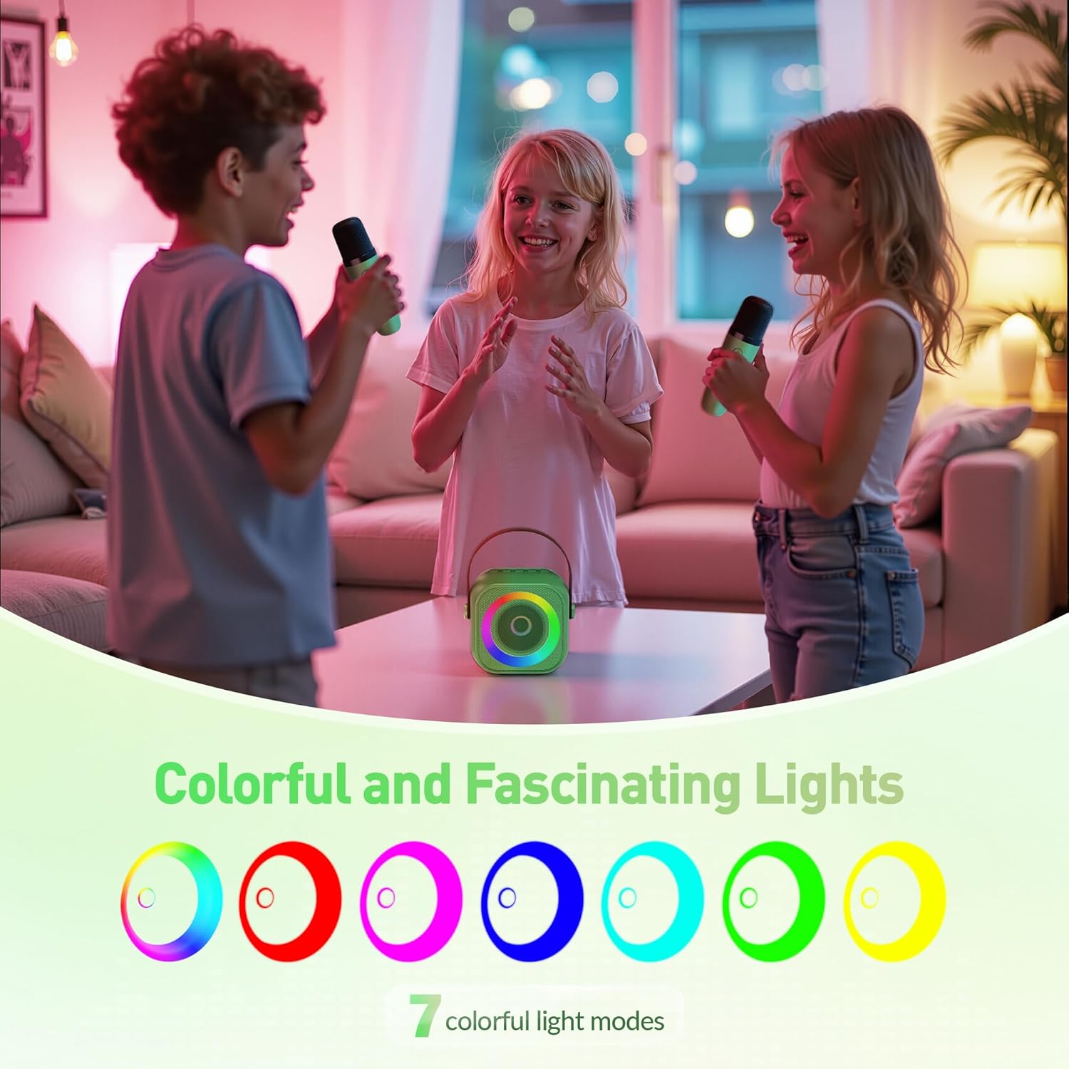 Mini Karaoke Machine：Portable Bluetooth Karaoke Microphone, Singing Speaker with 2 Wireless Mic and Light Kids Adults, Christmas Birthday Gifts for Girls Boys Family Home Party(Green) - Image 6