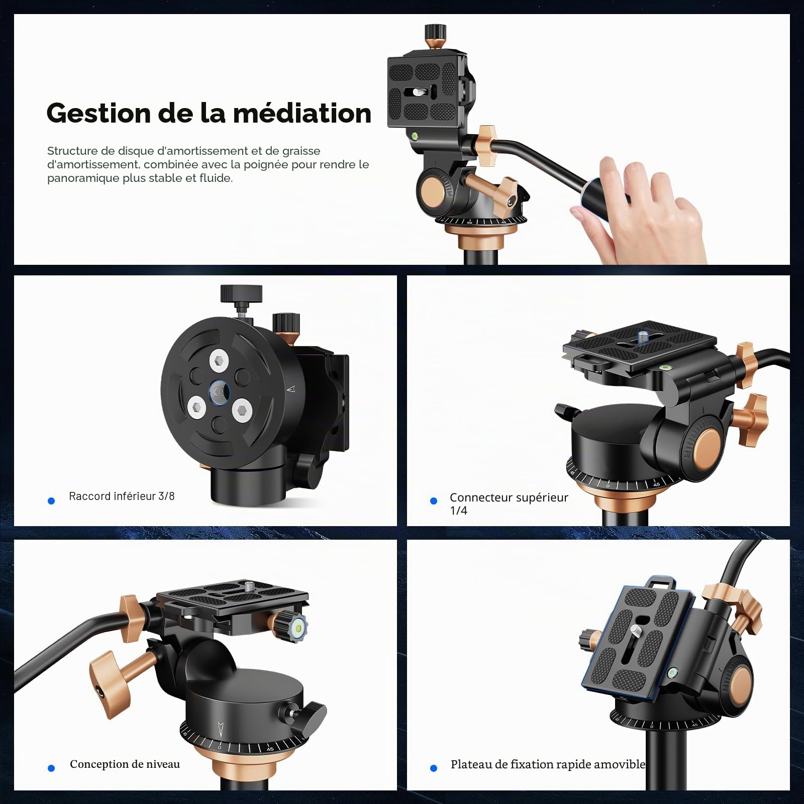 Soonpho Tête Panoramique à Trépied en Alliage Aluminium avec Vis de 1/4" et 3/8", pour DSLR Caméscopes Vidéo Trépied Monopode Supports d'éclairage et curseurs de caméra, Charge jusqu'à 18 kilogrammes