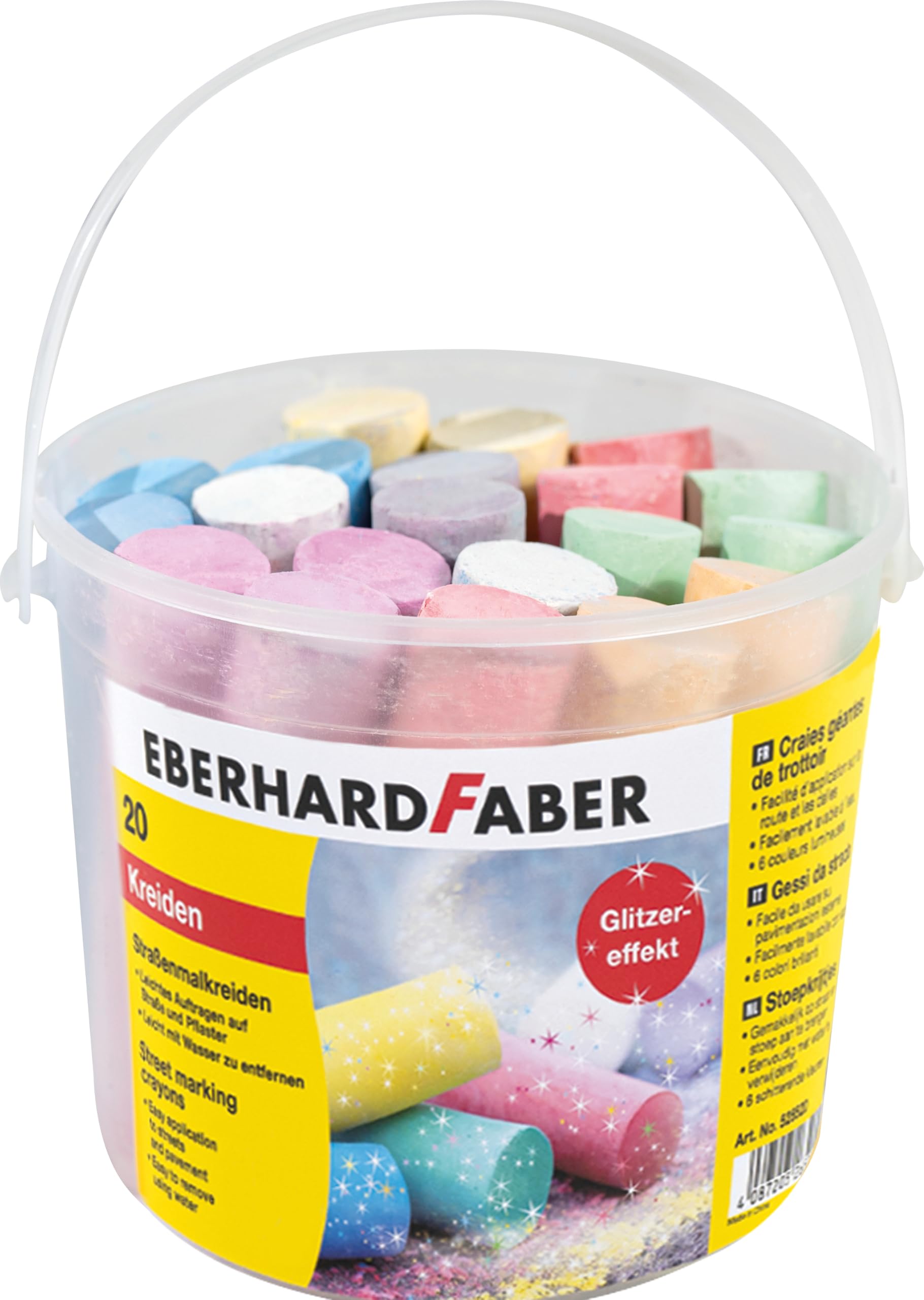 Eberhard Faber 526520 - Gesso stradale glitterato secchio da 20, 6 colori brillanti Gesso stradale con effetto glitterato