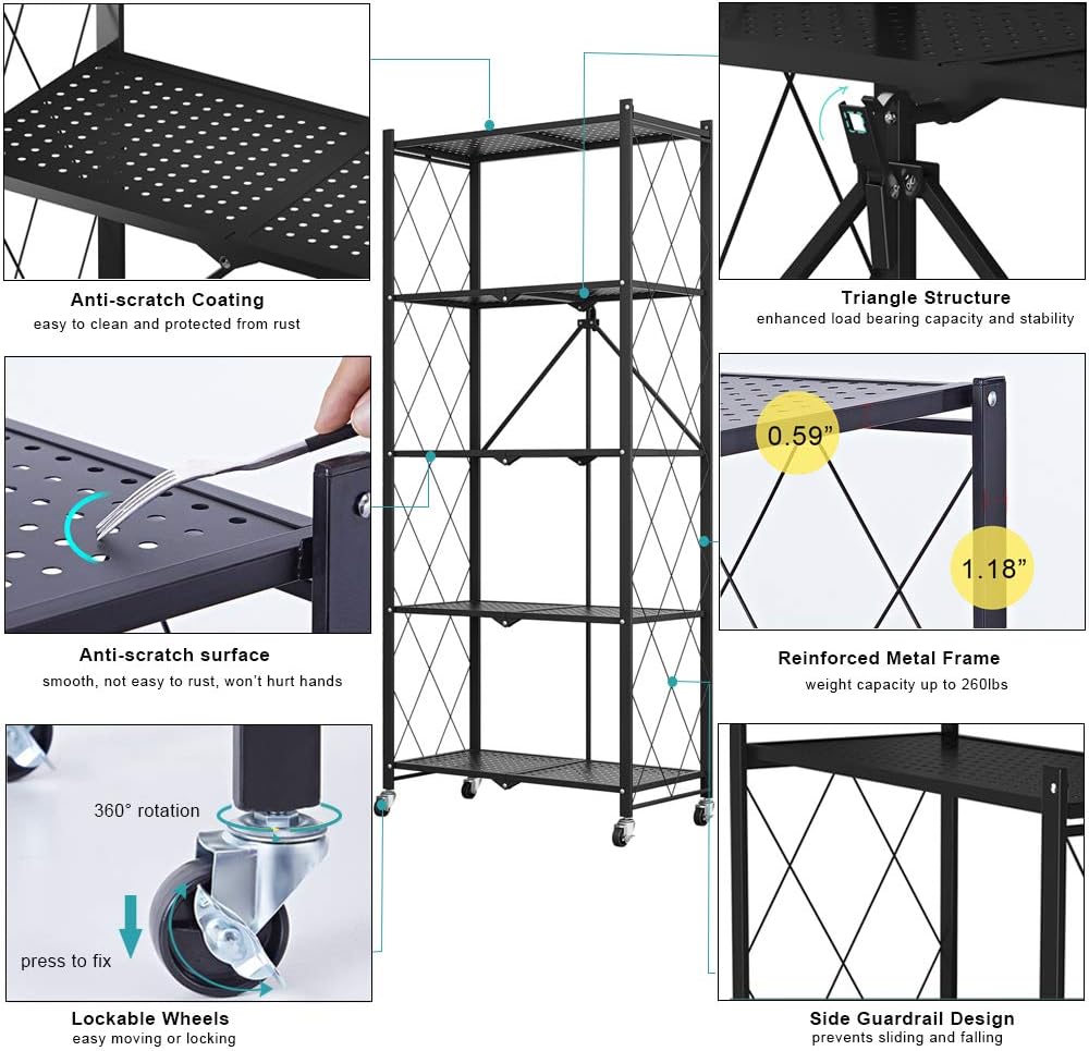 Best Cyber Monday 🔥 5 Shelf Foldable Storage Shelving Unit with Wheels, Metal Storage Rack Display Rack for Garage Kitchen Pantry Closet Laundry (Black)