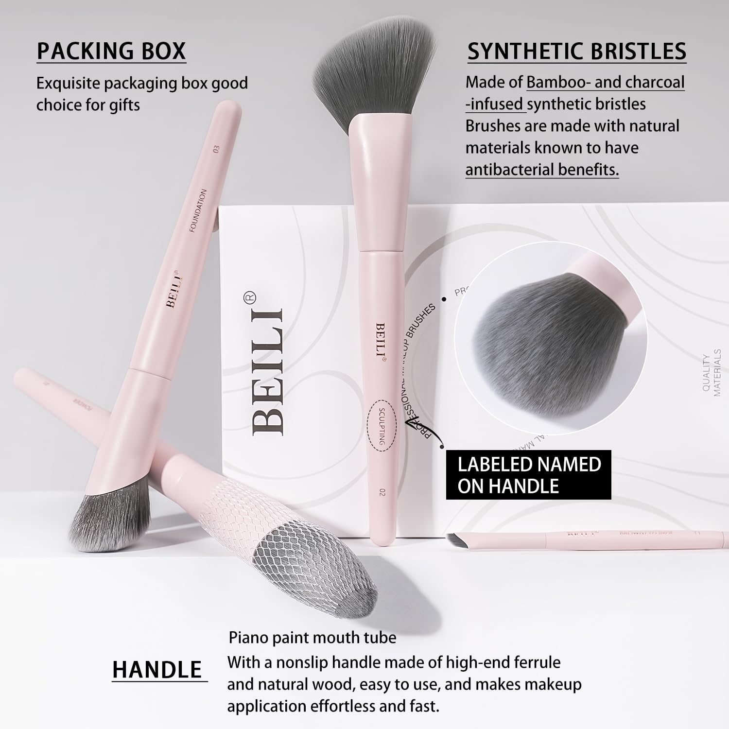 BEILI Set de pinceaux de maquillage roses, 12 pinceaux végétaliens pour fond de teint, correcteur, sourcils, ombre à paupières, contour, eyeliner et estomper.