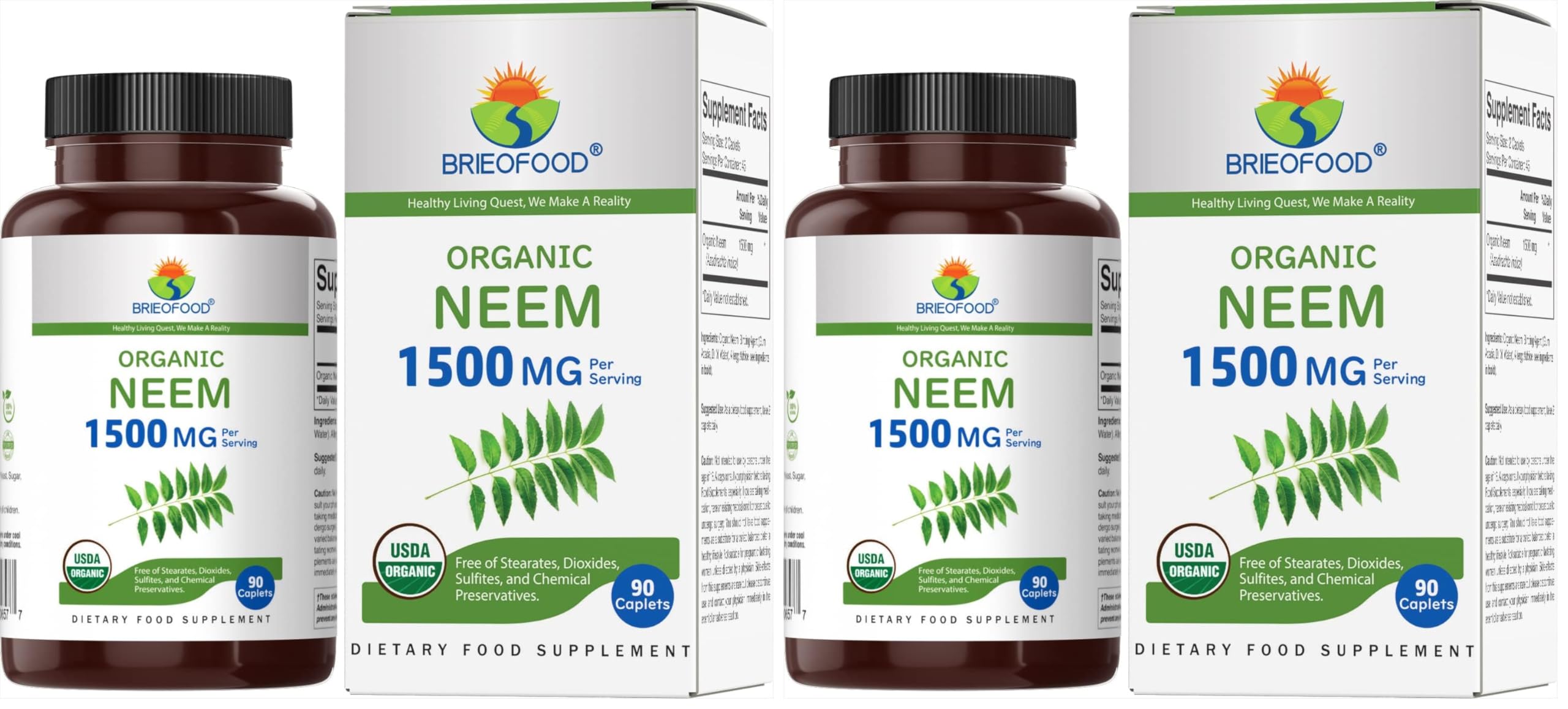 Brieofood Organic Neem 1500mg, 45 Servings, Vegetarian, Gluten Free, 90 Vegetarian Tablets (Pack of 2) 90 Count (Pack of 2)