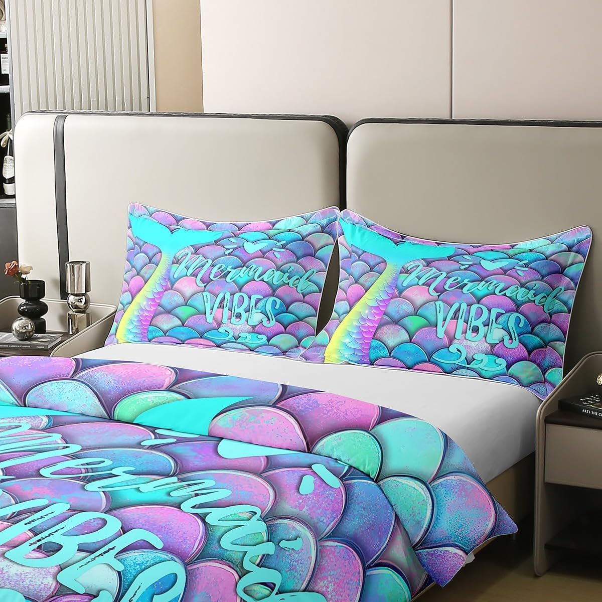 100% Natural Cotton Mermaid Comforter Cover Full Size, Kids Fish Scales Duvet Cover, Girly Rainbow Bedding Set for Boys Teens Women Bedroom, Ocean Life Sea Animal Bedspread Cover with Zipper Closure