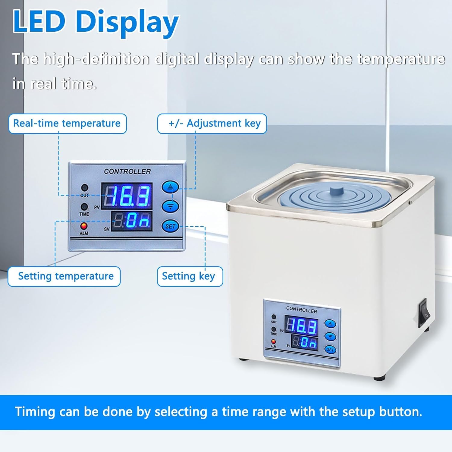 TYH Baño María Termostático De Laboratorio con Calefacción Eléctrica, Pantalla Digital De 300 W, Resolución De 0,1 ℃, Tanque Interior De Acero Inoxidable, Temporizador Y Protección contra Agua