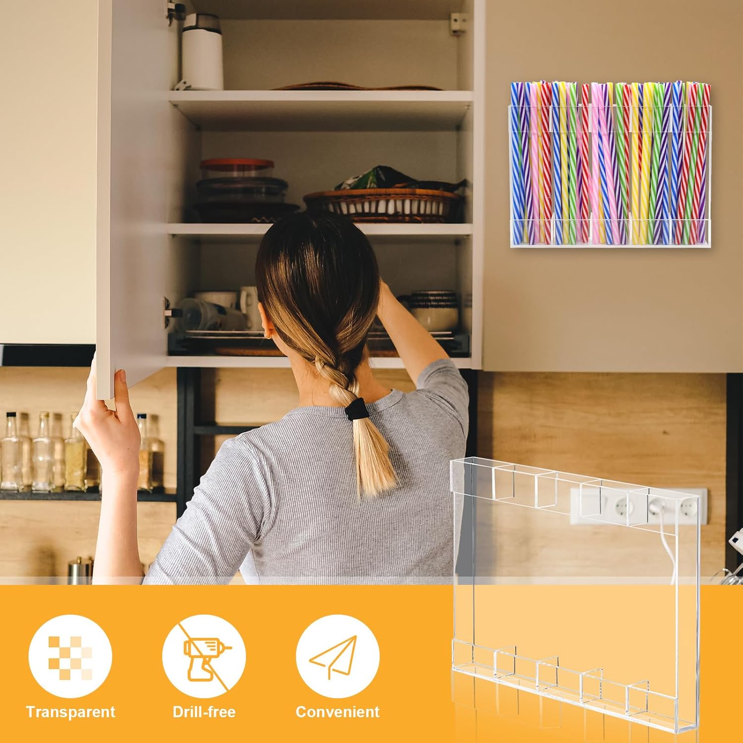 Acrylic Straw Holder for Cabinet Door - Clear Magnetic Straws Storage Container with Adhesive & Stickers, Reusable Straws Dispenser, Space-Saving Straw Organizer for Kitchen - Image 6