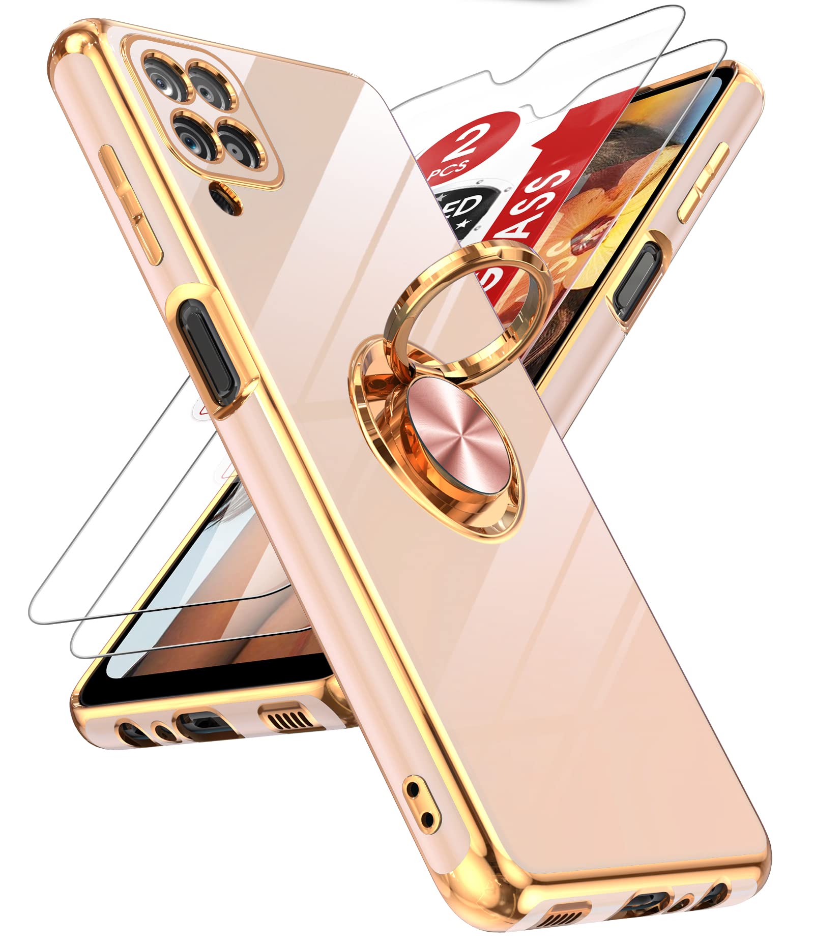 LeYi for Samsung Galaxy A12 Phone Case: with Tempered Glass Screen Protector [2 Pack] 360° Rotatable Ring Holder Magnetic Kickstand, Plating Rose Gold