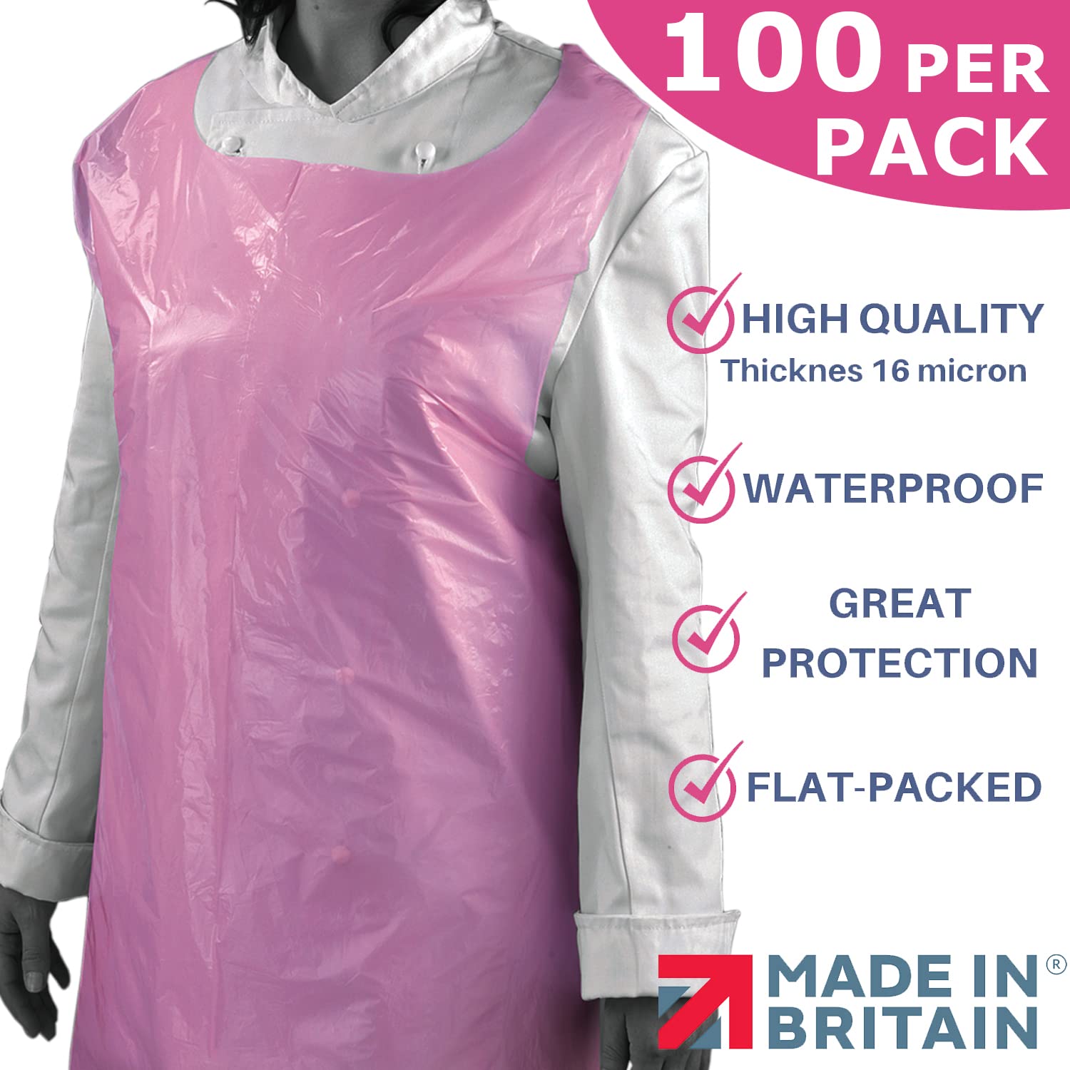 Pink Disposable Plastic Aprons | High Quality 16 Micron Thickness | Flat Packed | Made in UK (100 Aprons - 1 Pack) - Image 3