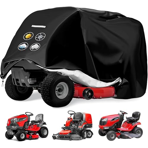 Outdoors Riding Lawn Mower Cover, Lawn Tractor Cover Heavy Duty 420D to 54" | Waterproof, Tractor Decks up, Universal Garden Lawn Tractor Covers with Drawstring & Cover Storage Bag, Reflective Handles
