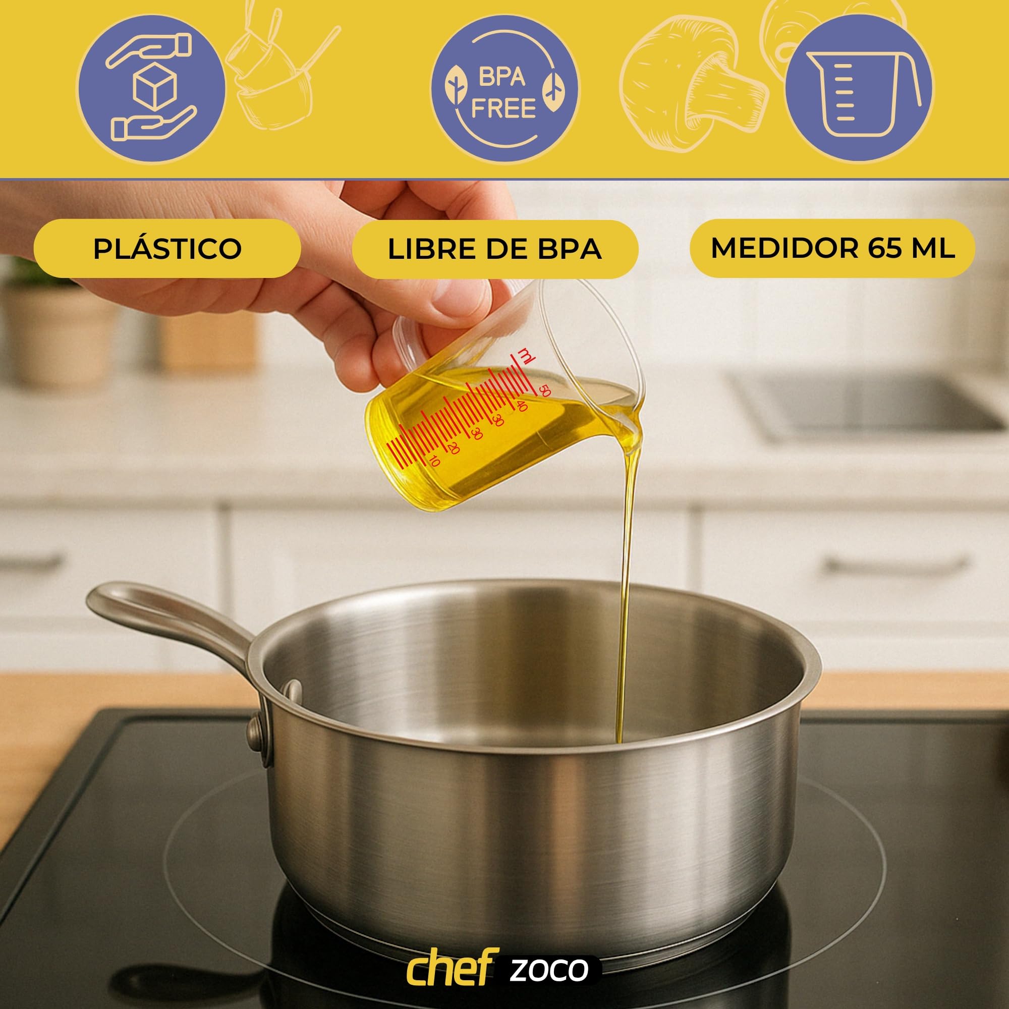 CHEFZOCO Jarra Medidora, Vaso medidor, Recipiente medidor para la cocina, Apto para calentar en microondas, Asa Ergonómica, Capacidad de 65 ml, Plástico, Transparente