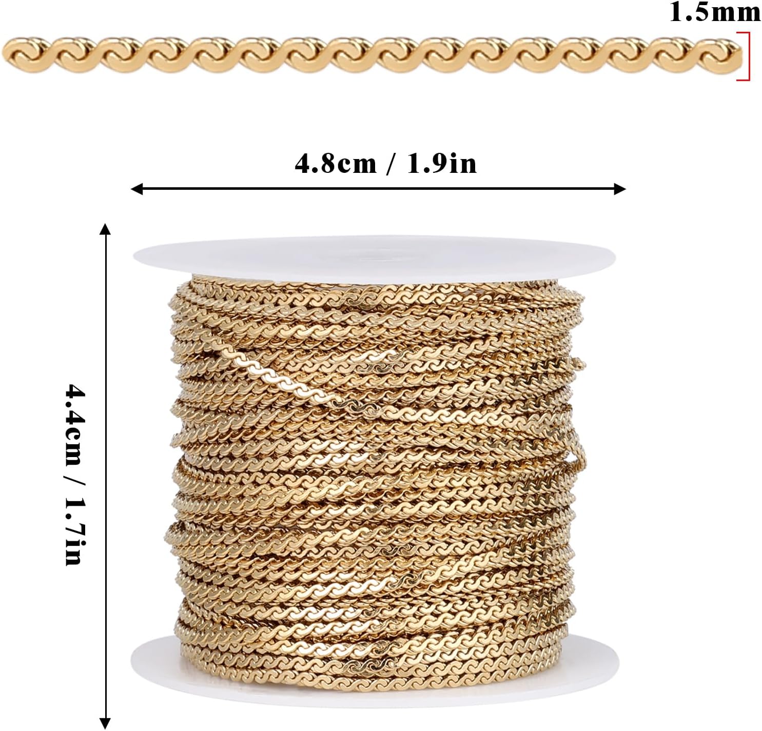 33 FT Gold Flat Snake Chains Roll, 1.5mm 18K Gold PVD Plated 304 Stainless Steel Small S Link Chains Bulk Spool for Jewelry Making DIY Craft