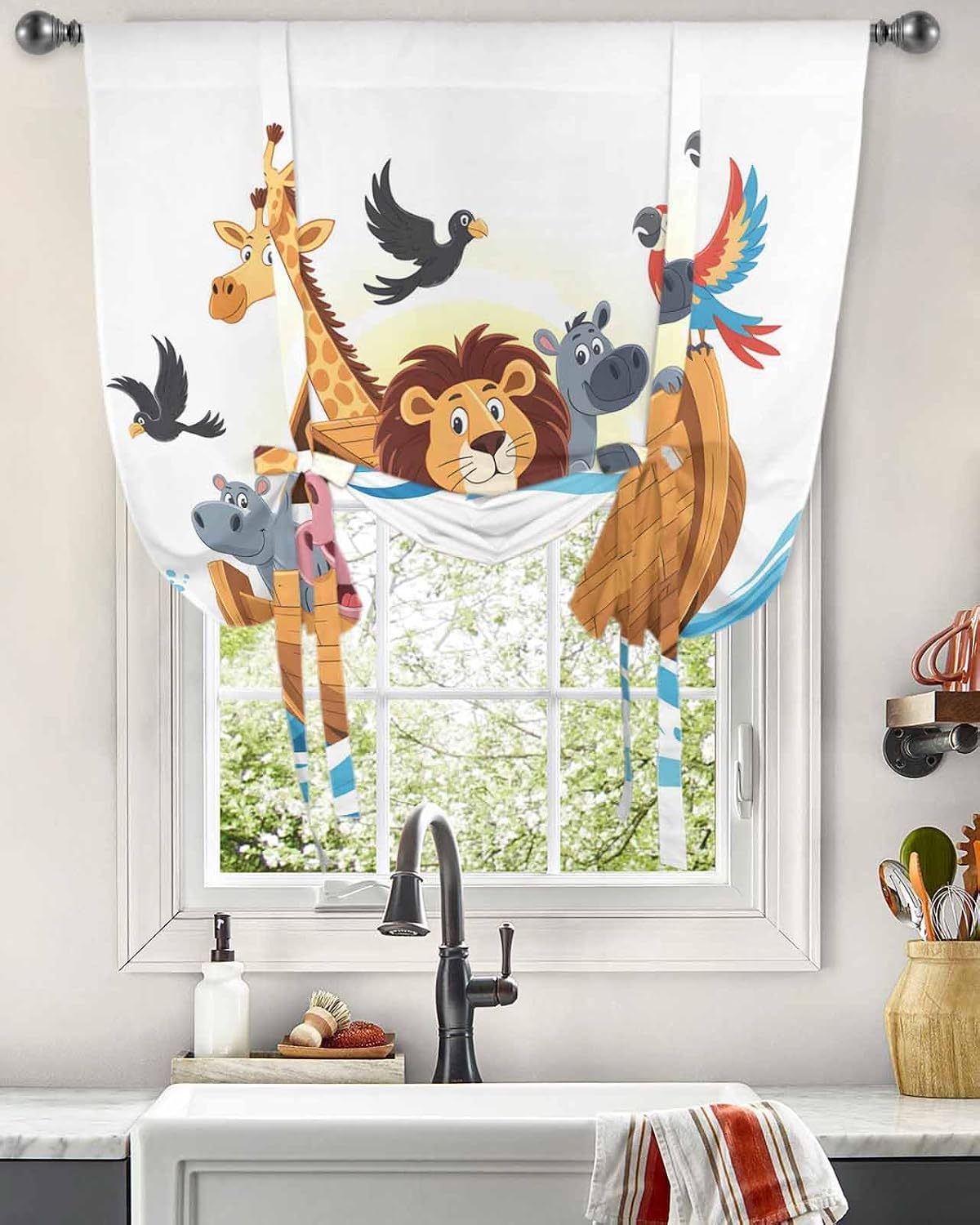 Animals Nautical Tie Up Curtains for Windows 63 Inch Length Balloon Curtains Kitchen Adjustable Balloon Window Shade Cartoon Cute Zoo Boat Aboard Tie Up Valance Bathroom Curtain Window 52"x63"