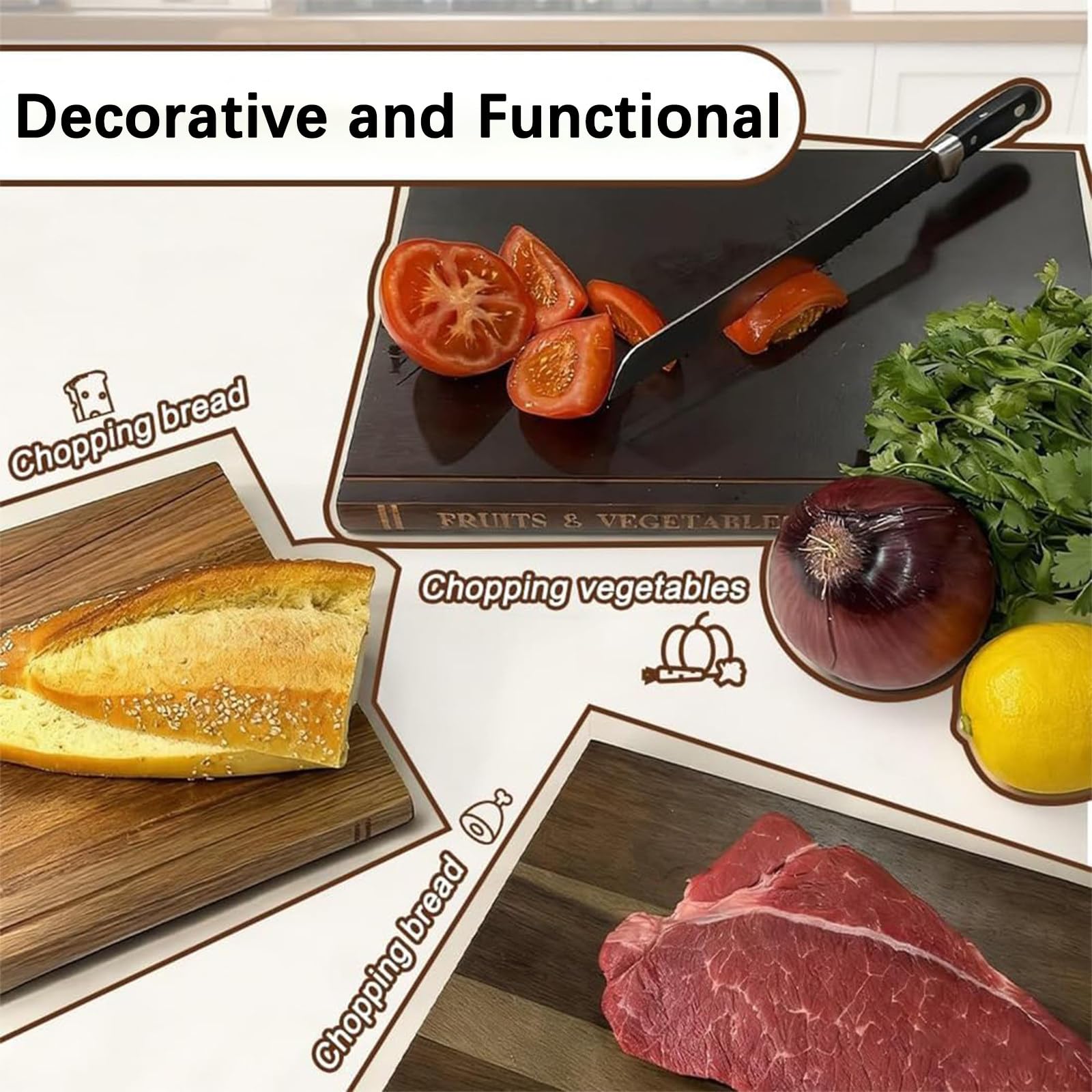 Tabla De Cortar Con Forma De Libro, Tabla De Cortar De Cocina, Tabla De Cortar Decorativa, Madera Maciza De Acacia, Juego De Tres Piezas Con Soporte,Para Uso Doméstico y De Entretenimiento.