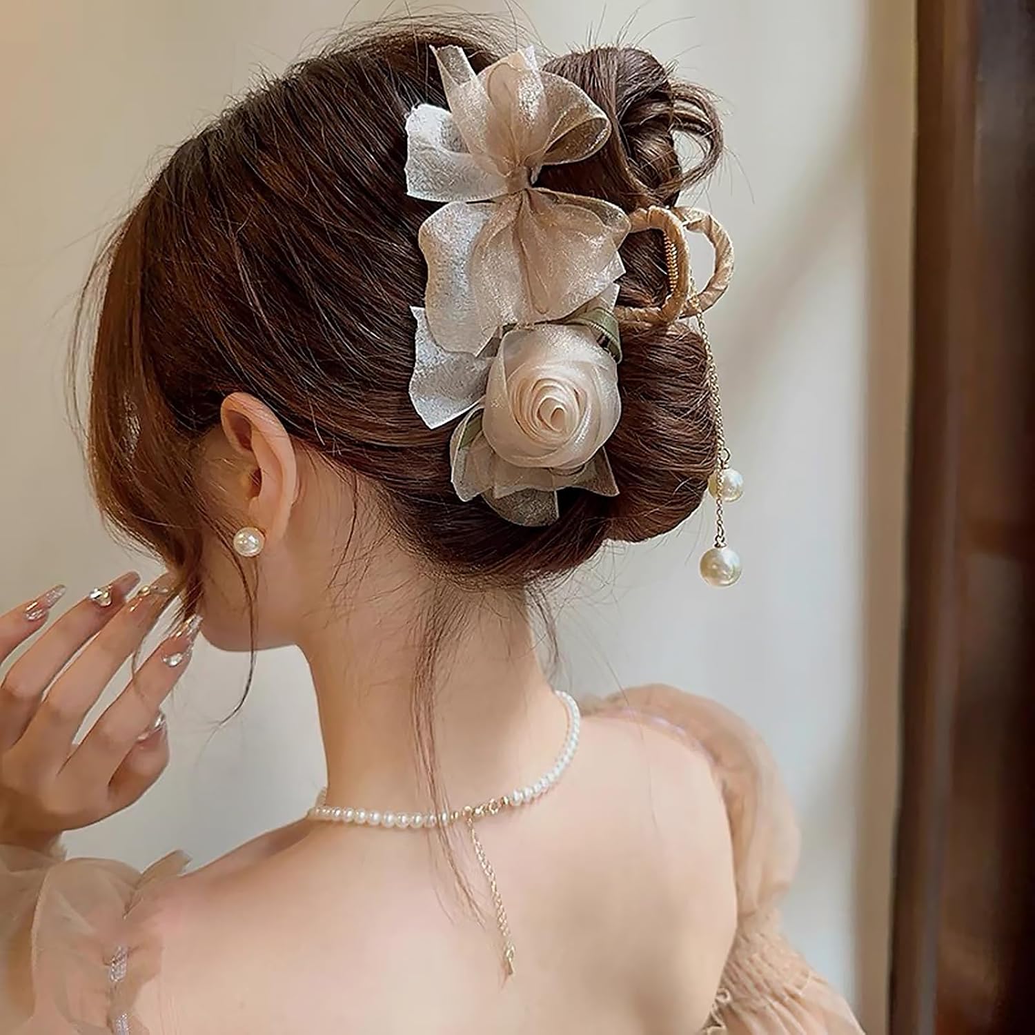 Elegant Handmade Rose Flower Hair Claw Clip Larger Chiffon Tulle Mesh Bow Barrette Bridal Wedding Hair Accessories for Women (Champagne)