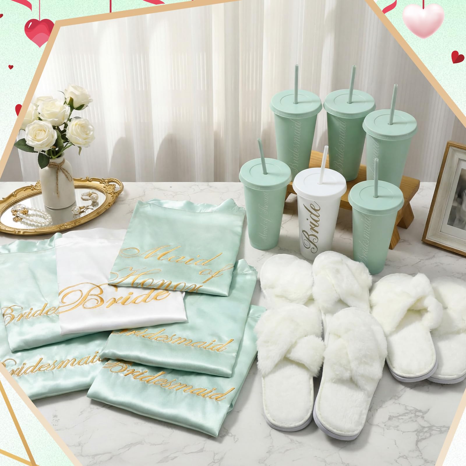 Bonuci 24-teiliges Bademantel-Set für Brautjungfer, Braut, 8 Stück, Braut-Bademäntel, flauschige Hausschuhe, Trinkbecher für Hochzeit, Junggesellinnenabschied