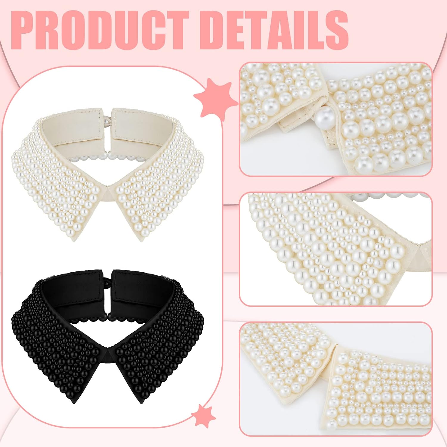 Hicarer 2 Pieces Pearl Collar Necklace for Women Detachable Fake Collar White Black Simulated Pearl Beaded Bib Dickey, 15.4 Inches(Delicate)