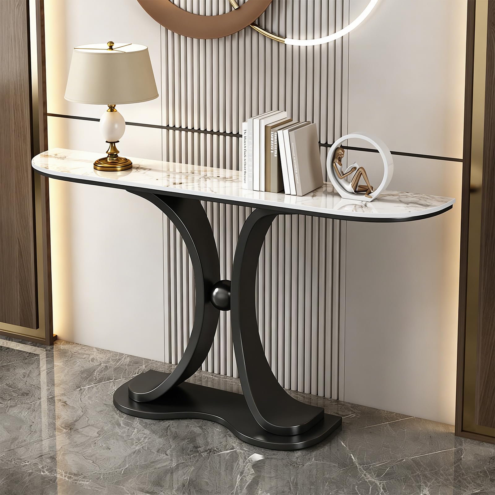 Console en marbre de luxe, table d'entrée étroite de 150 cm, table basse moderne avec pieds antirouille, résistante aux rayures et à la chaleur, idéale pour l'entrée, le couloir, le salon ou la cham