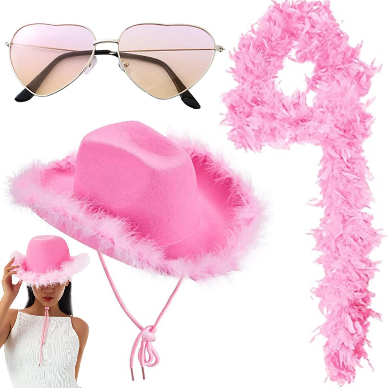 Cappello Cowgirl Rosa Con Piume - Set Completo Con Occhiali A Cuore E Bandana, Per Feste E Costumi - Foto 10