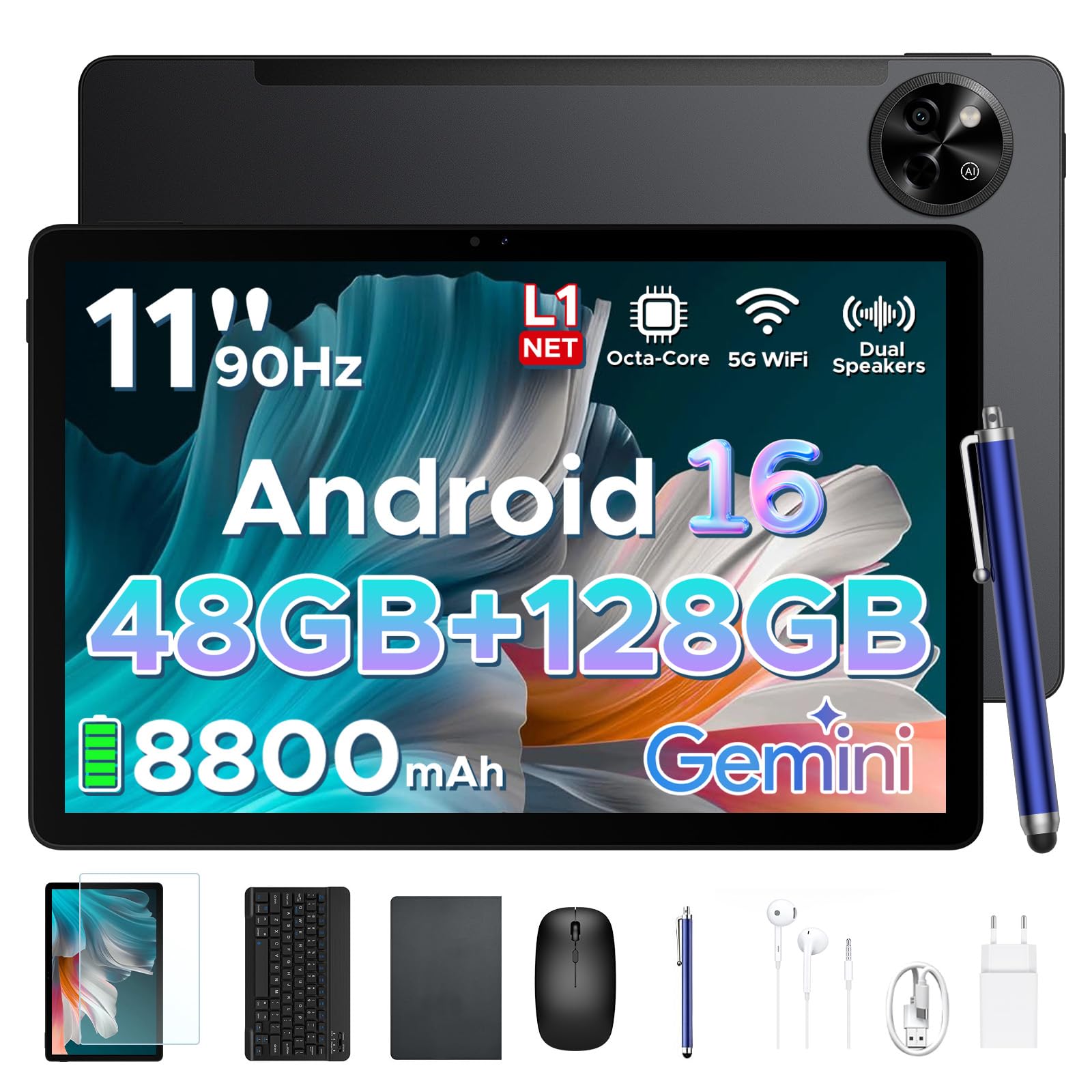 P11 Android 16 Tablet 11 Pulgadas, 48GB RAM + 128GB ROM/2TB TF, T7250 Octa-Core, 90Hz, 8800mAh, 13MP+5MP, Gemini AI, Widevine L1, Face ID, GPS, OTG, Doble altavoz, Tablet con Teclado y Lápiz, Negro