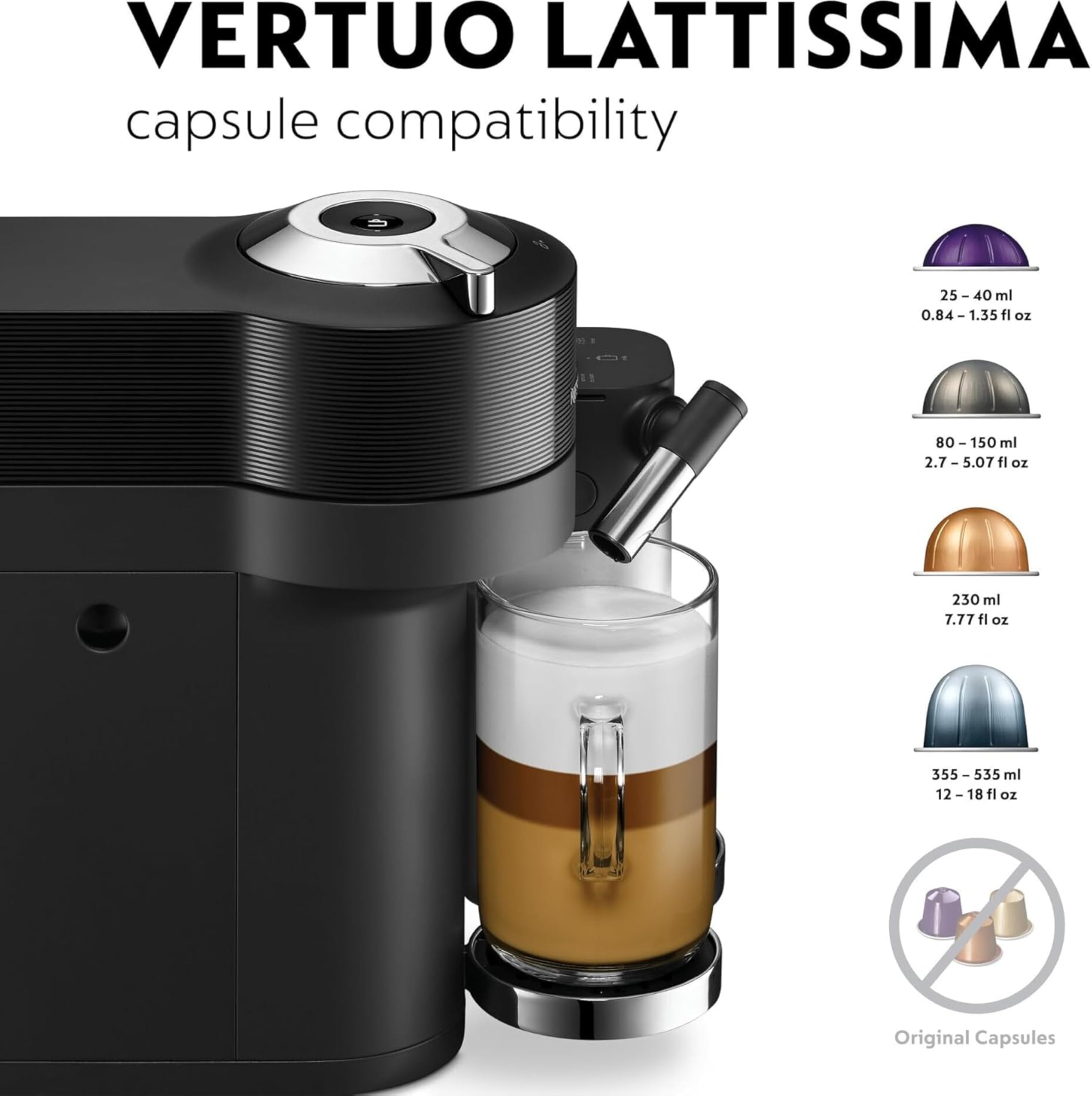 De'Longhi Nespresso Vertuo Lattissima ENV300.B, Automatic Coffee Machine with Automatic Milk Frother, Single-Serve Capsule Coffee Machine, 5 Cup Sizes, 1500W, Matt Black & Glossy — view 6