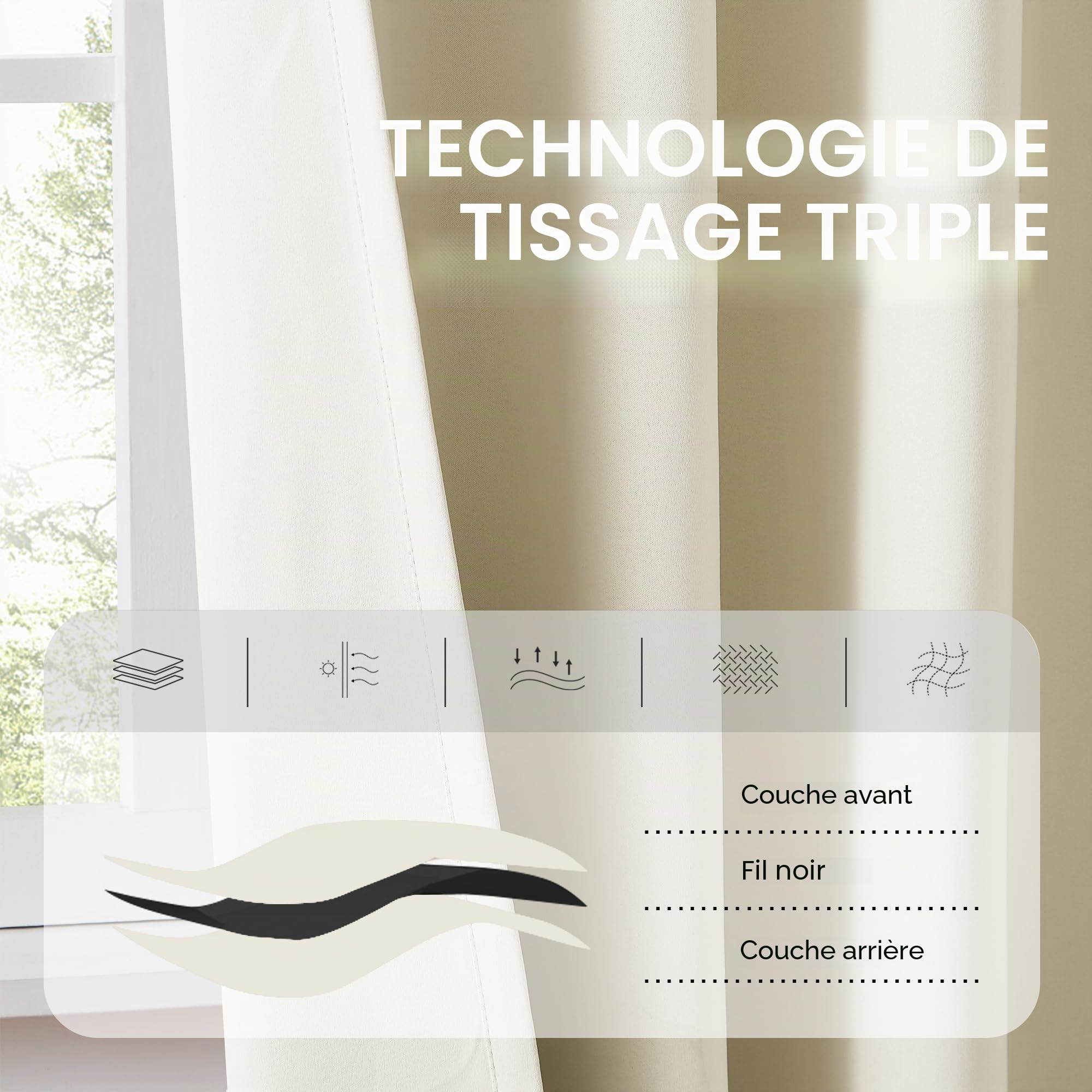 DUALIFE Lot de 2 Rideaux occultants avec Languette arrière avec Passe-Tringle pour Salon - Isolation Thermique - 132 x 228 cm - Crème