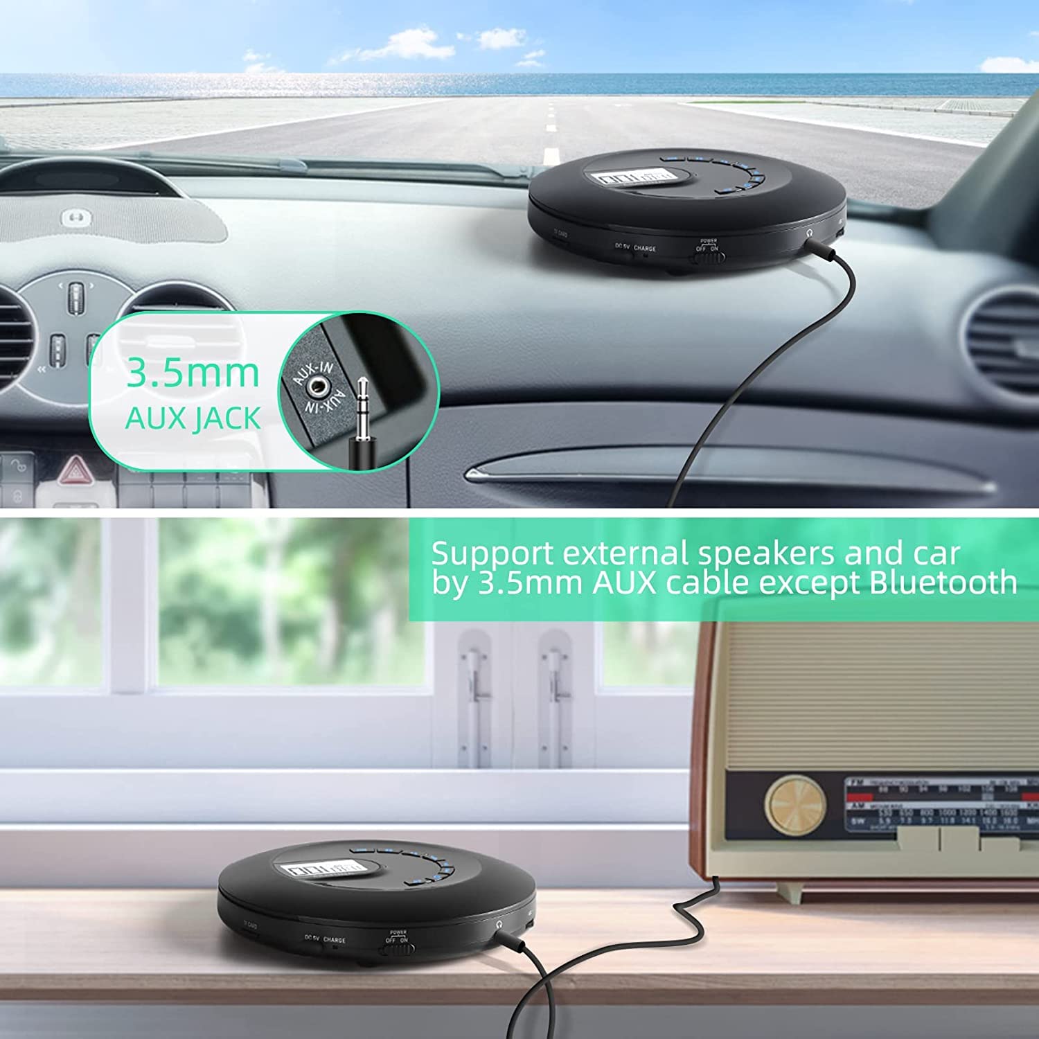 Arafuna Lecteur CD Portable Rechargeable pour Voiture, Lecteur CD avec écouteurs et Anti-Skip/Shockproof, Petit baladeur CD avec écran LCD, câble AUX, rétro-éclairage