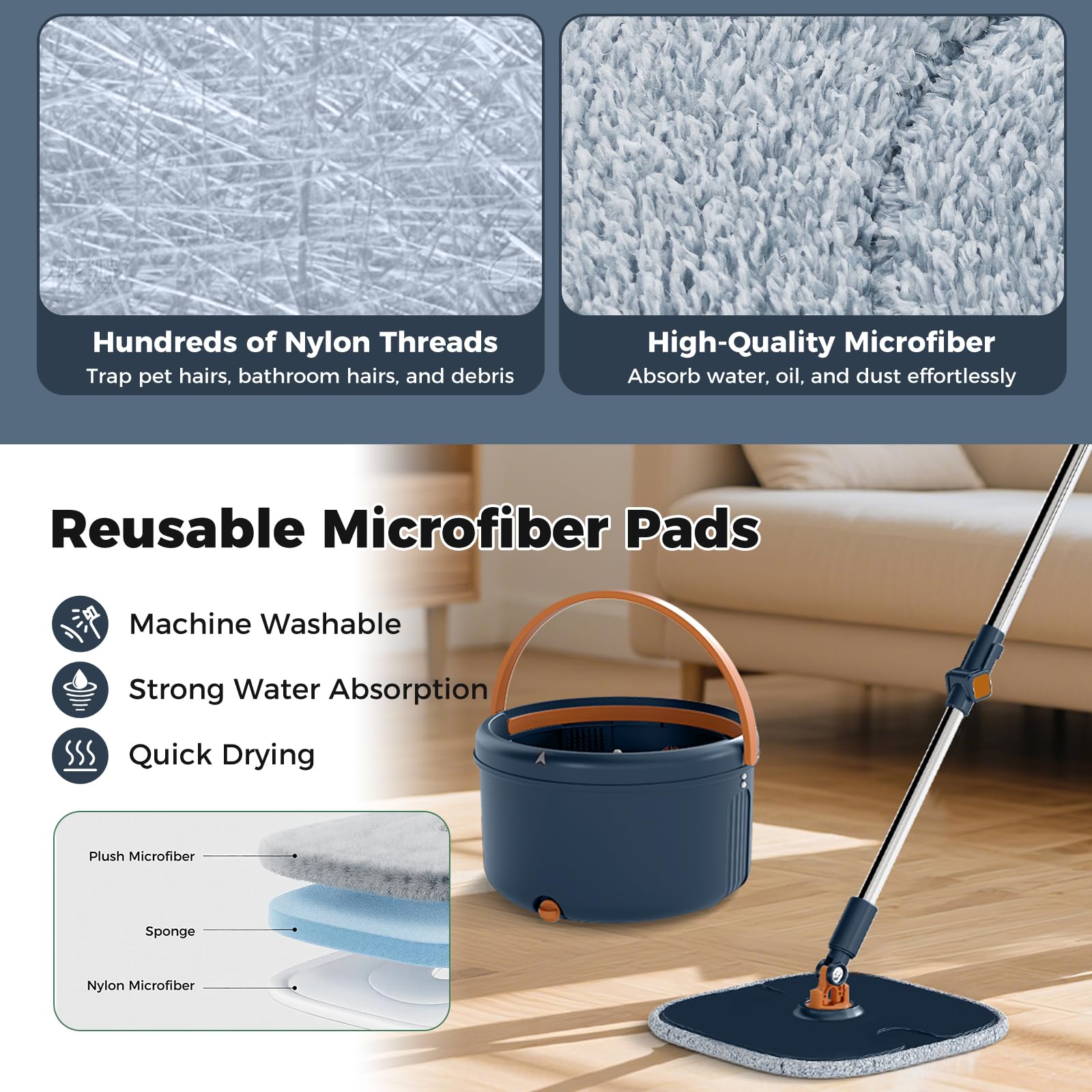 LIFEZEAL 2 Mopas de Fregona Profesional, Giratoria, 3 Paños de Limpieza, Escurridor, Doble Cubo, Filtro, Desagüe, Longitud Ajustable, Separación de Agua, Ligera