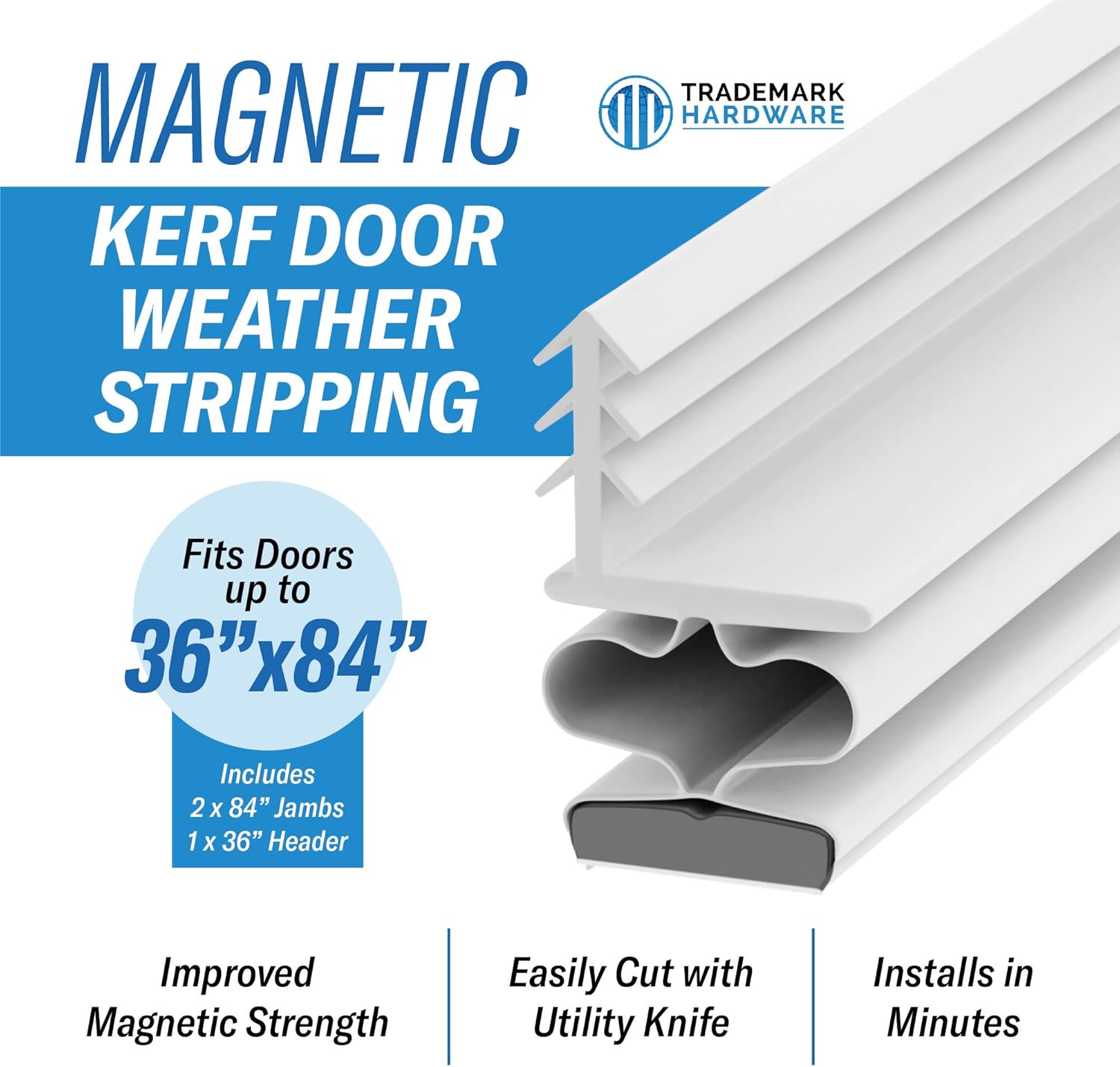 TMH Metal Door Weather Stripping - Magnetic Kerf Door Seal Kit, Full Set 36" x 84" - White Kerf Weather Stripping