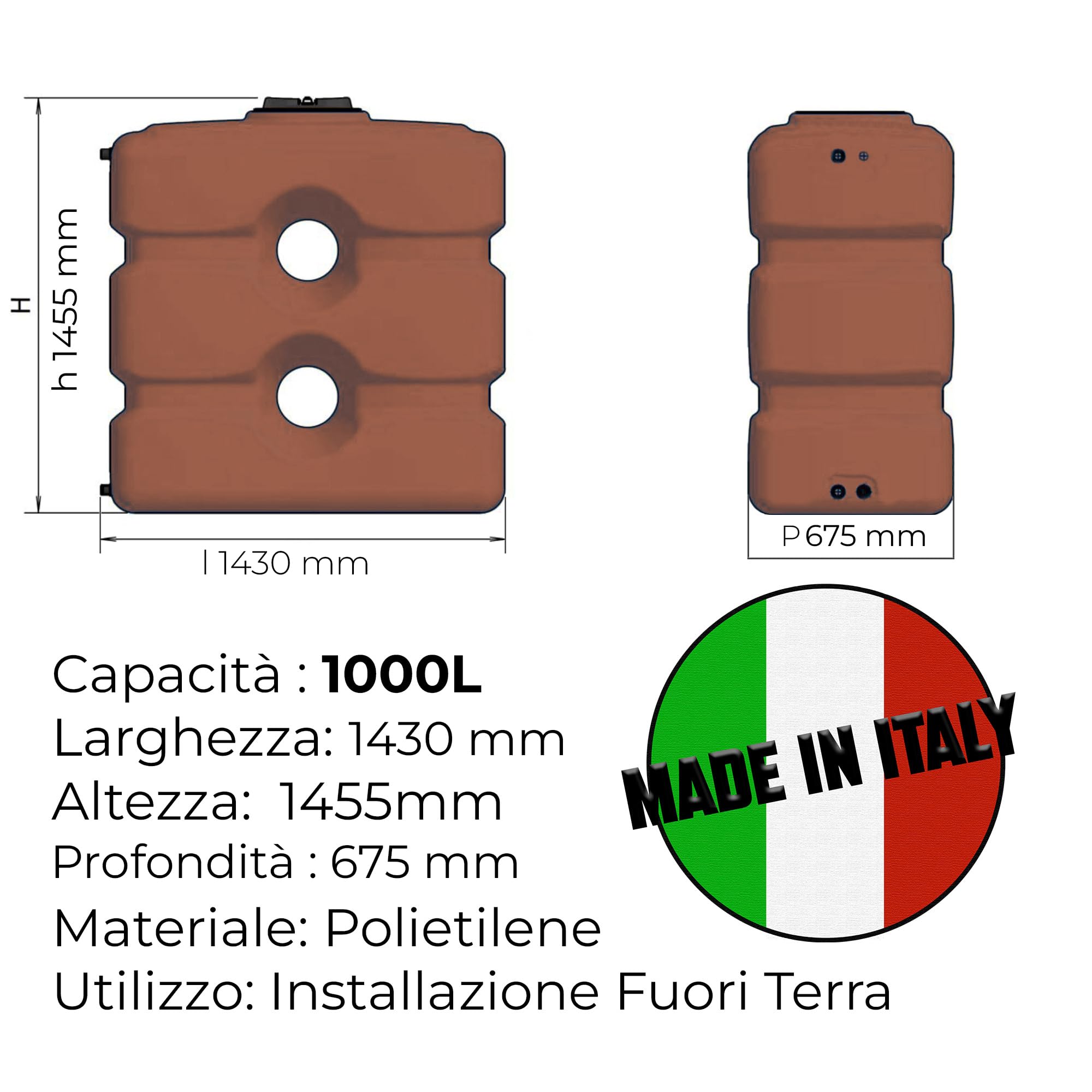 ESTO Serbatoio Acqua Verticale FINTA TERRACOTTA 1000L Cisterna Biforo, Bidone in Polietilene, Potabile o Piovana con Press Control e Pompa Elettrica (1000 Litri)