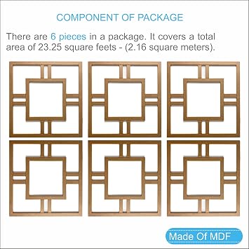 birdeco Decorative Wood Wall Panel Pack of 6, MDF Wall Decoration Tile for Interior Decor, Paintable, DIY (6 Square Frames-Uncolored)
