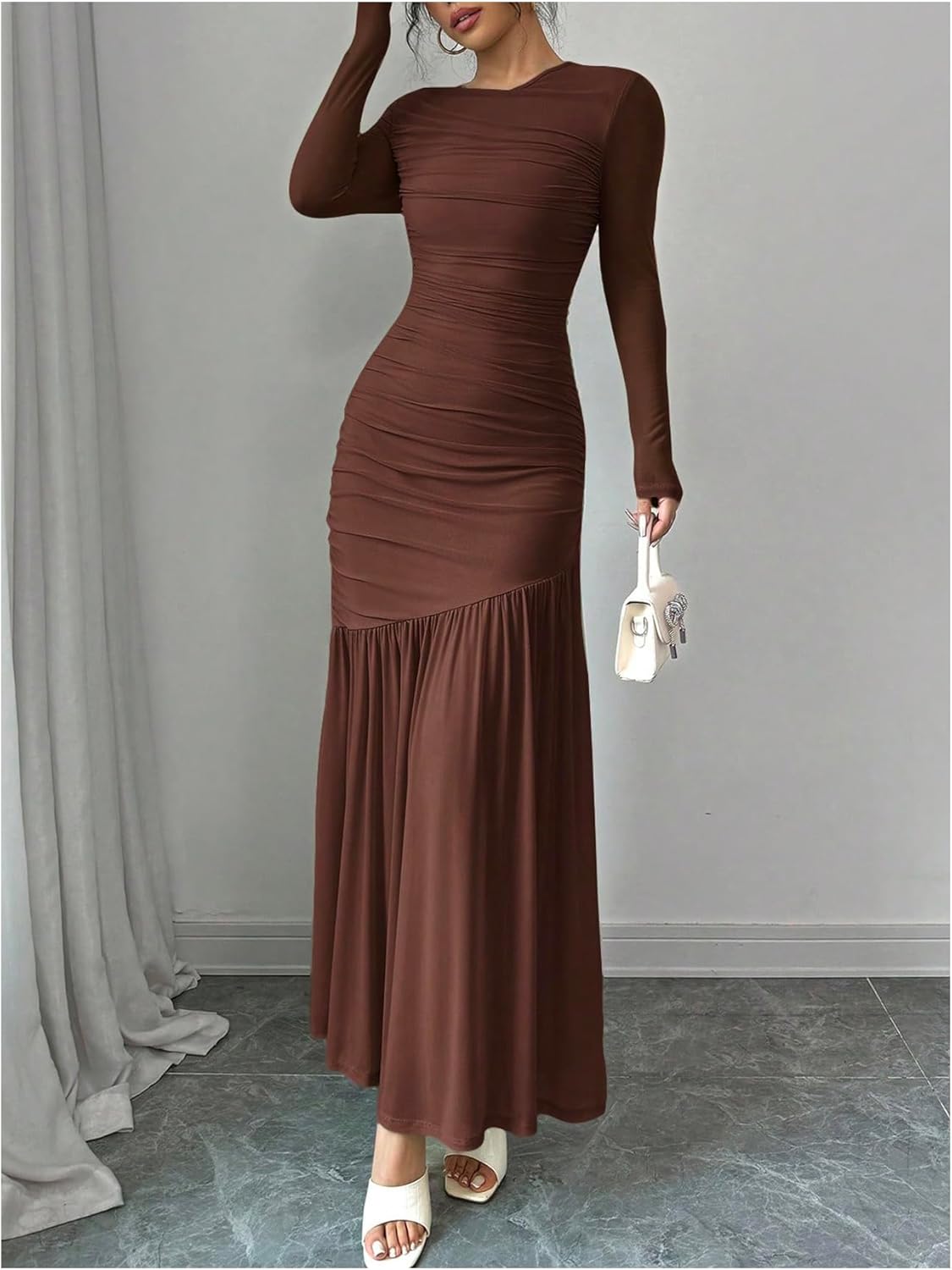 Milumia Women's Ruched Mesh Patchwork Maxi Dress Long Sleeve Bodycon Ruffle Hem Long Dresses - Image 2