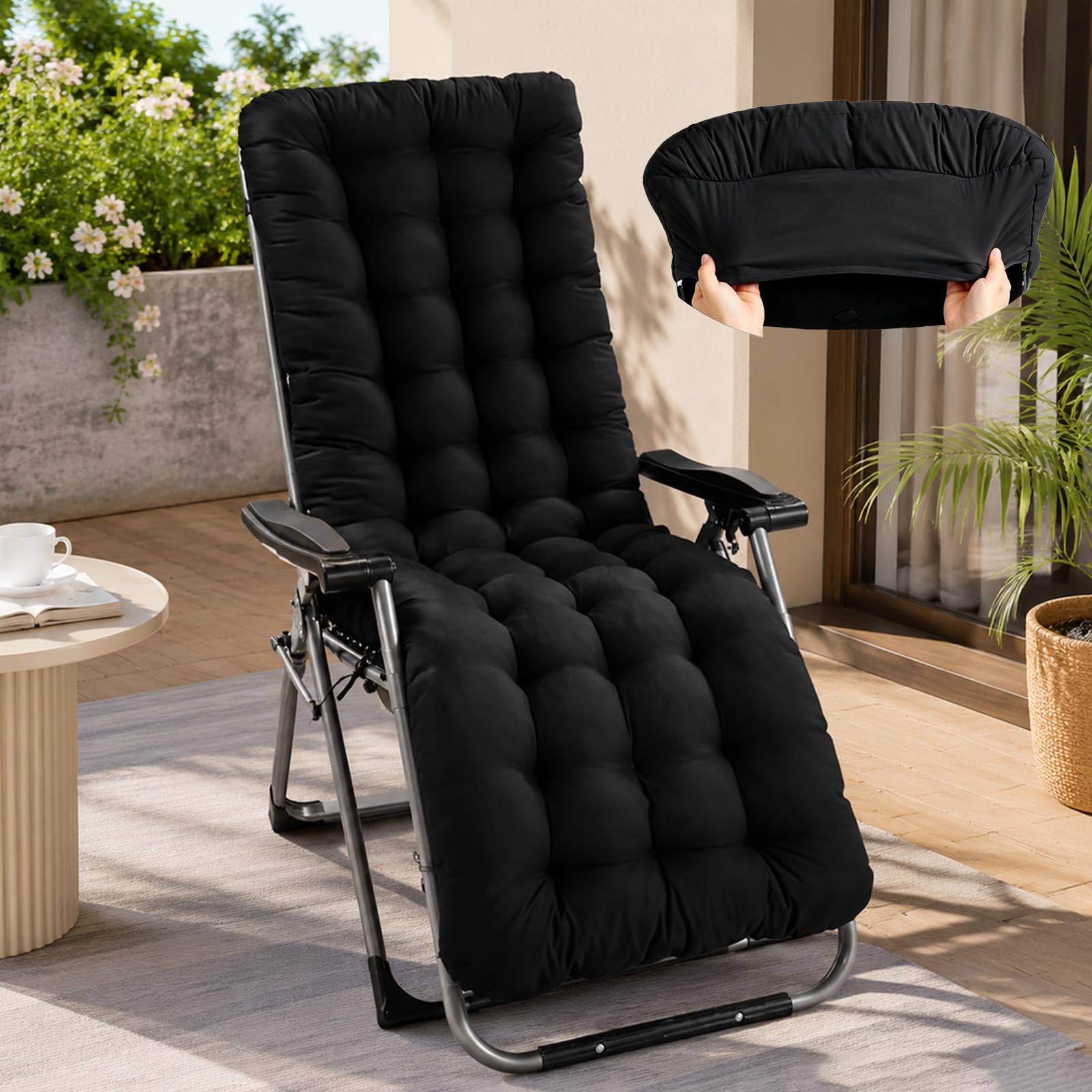 UMAIL Sun Lounger Cushions 10cm/12cm Thick Garden Chair Cushion Sunbed Cushion Soft Recliner Cushion with Non-Slip Top Cover for Garden Indoor Outdoor (Black, 190 * 50 * 10cm)