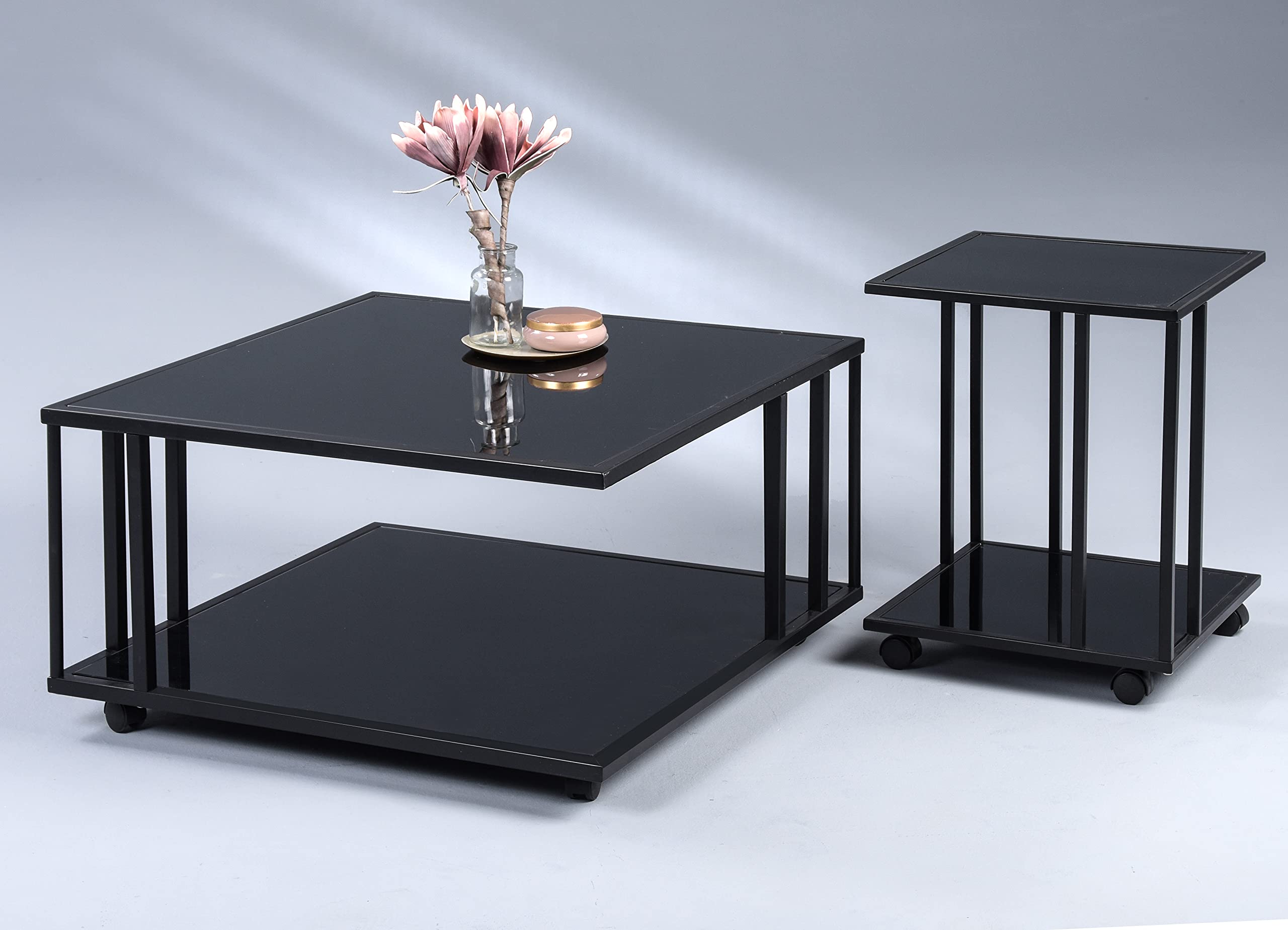 M2 Kollektion Paris 2 – Moderner Couchtisch 75x41x75 cm | Deck- und Ablageplatte aus 6 mm schwarz lackiertem Glas | Metallgestell auf Rollen