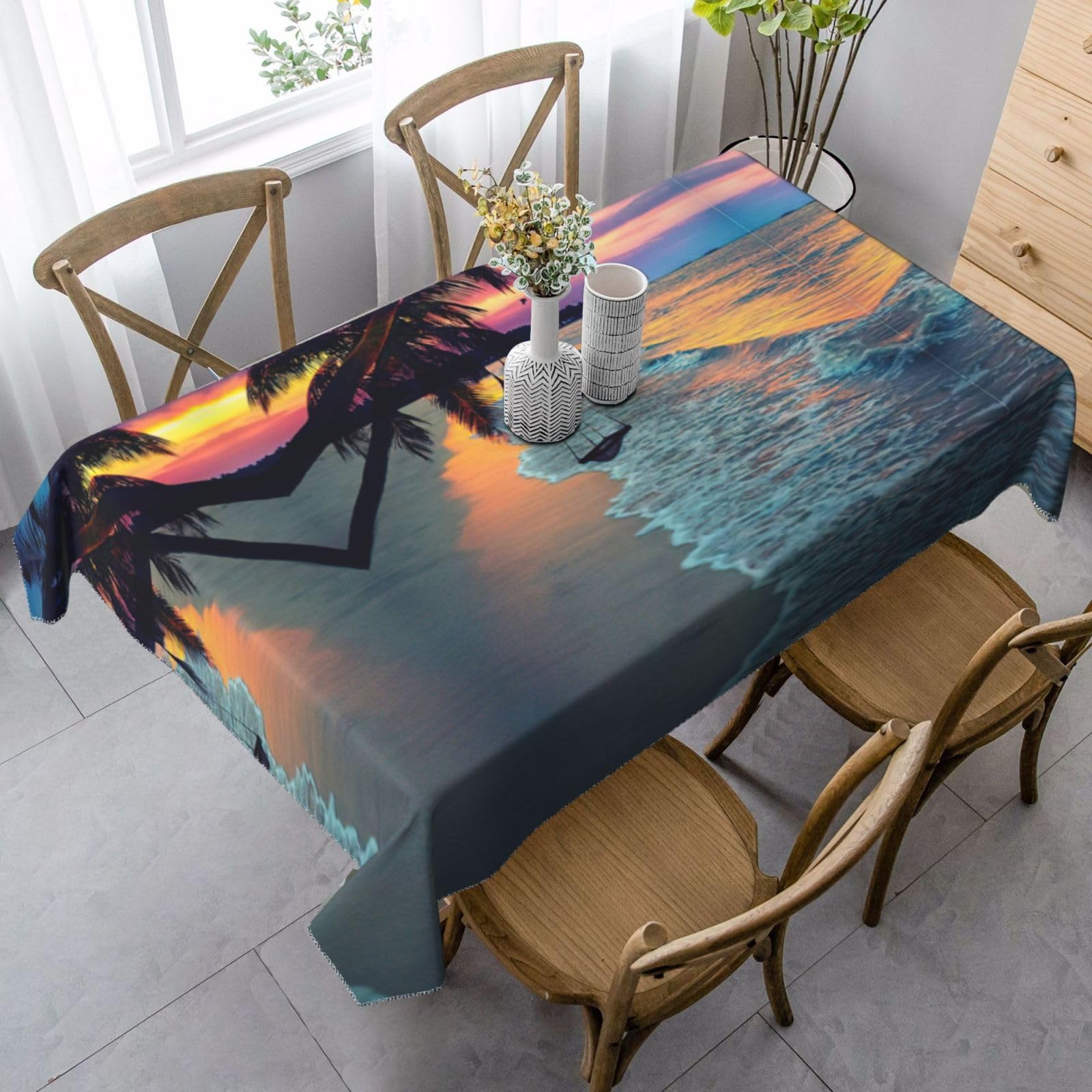 yagDAA Coconut Beach Sunset Hammock Print Rectangle Tablecloth Table Cover Indoor Outdoor Dining Room Kitchen Table Cloth 140x90cm