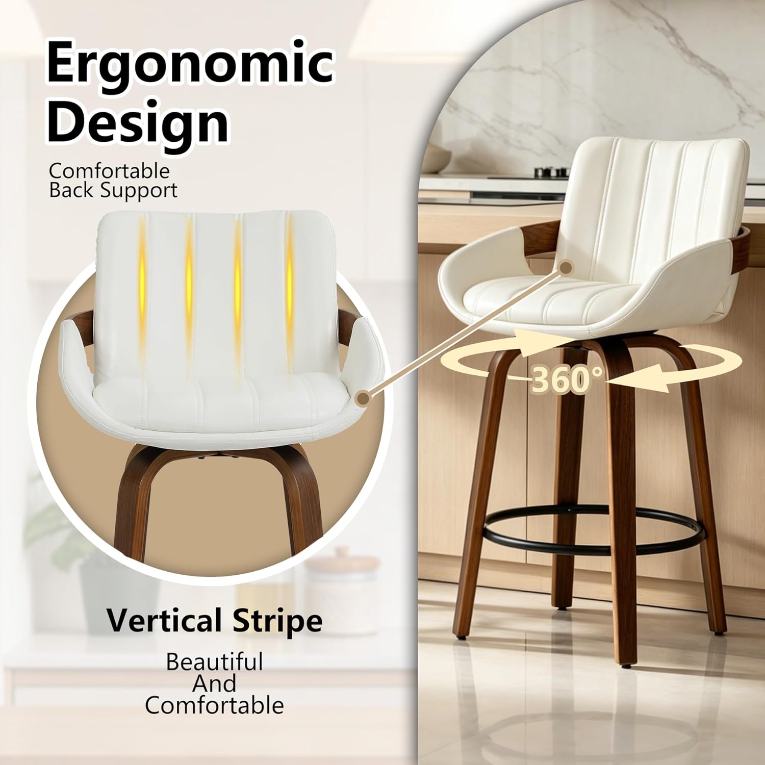 ClinQ Swivel Bar Stools Set of 2, Stripes Counter Height Barstools with Back and Armrest, PU Leather Upholstered Barstools, Mid Century Modern High Stools for Kitchen Island, Home Bar, Beige