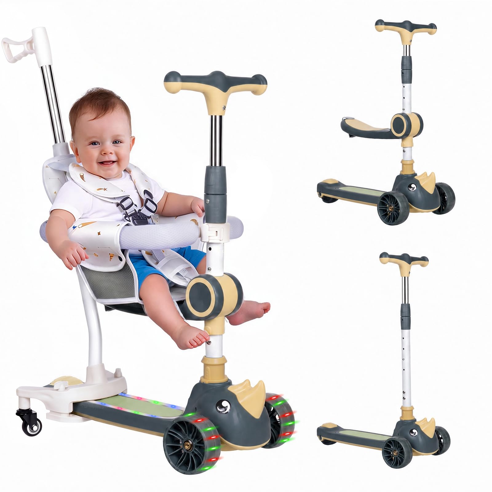 Trottinette 3 en 1 pour enfant avec barre de poussée, siège amovible et roues LED, hauteur réglable sur 3 niveaux, pour enfants de 1 à 8 ans, jusqu'à 50 kg