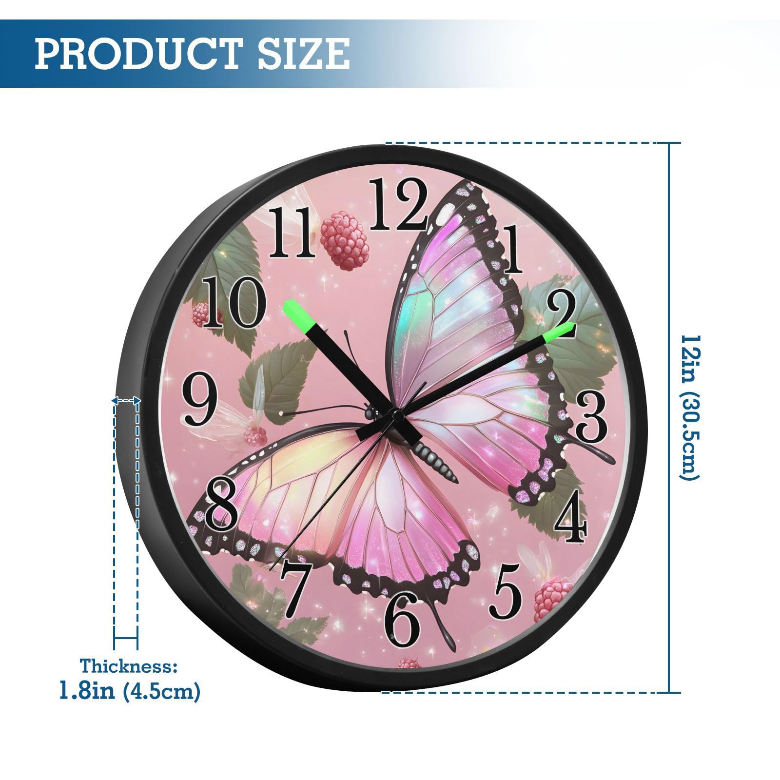 Mnsruu Reloj de pared luminoso con mariposas rosas, reloj de dormitorio, funciona con pilas, silencioso, brilla en la oscuridad, para sala de estar, cocina, 12 pulgadas