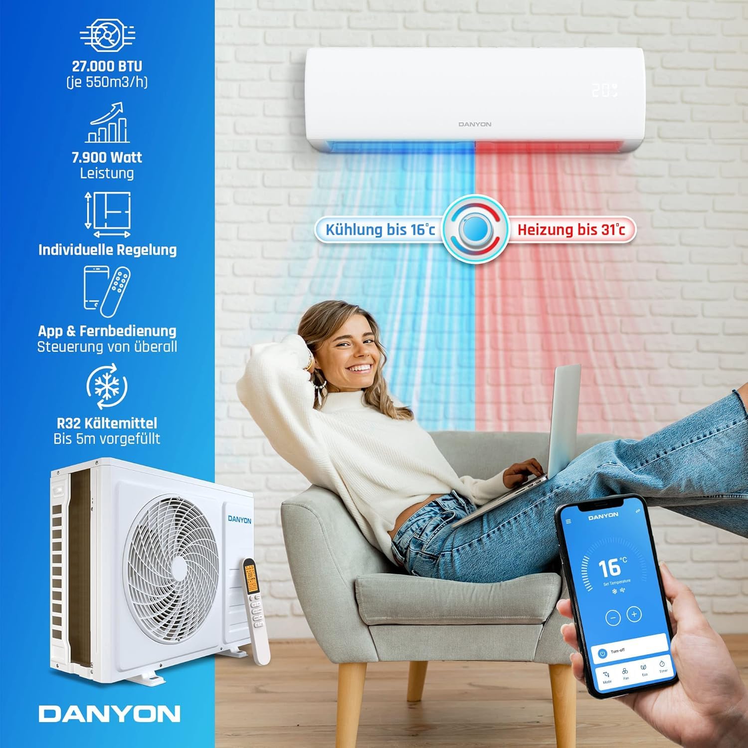 Danyon Multisplit Klimaanlage 3 Innengeräte - 27000 BTU - 7,9 kW - Inverter Klimagerät mit Heizfunktion, WiFi und Smart-Home - sehr leise & energiesparend, Splitgerät vorgefüllt