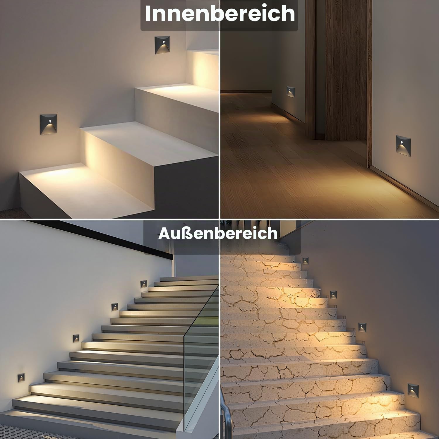 4er 3W LED Treppenlicht mit Bewegungsmelder [Nicht für 60mm Standarddosen] Warmweiß Alu Einbaustrahler 230V Eckig Wandeinbauleuchte Treppenleuchte Wasserdicht Innen Außen Schwarz Stufenlicht
