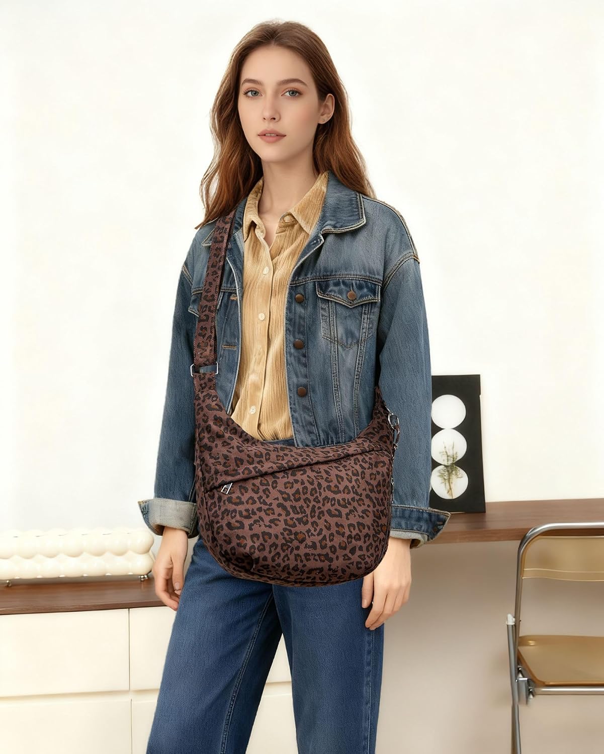 Micmores Leopard Print Crossbody Bags for Women, Faux Suede Bag Crescent Hobo Shoulder Purse for Work & Travel