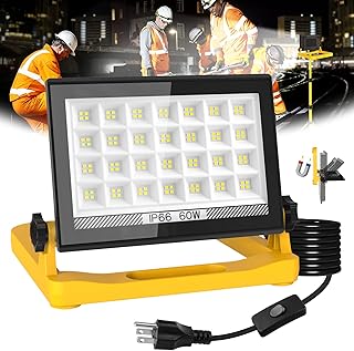 LED Work Light, 60W 6000LM Work Lights on Stand，LED Flood Light Outdoor 13ft Cord with Plug, 3 Modes, Magnetic Base, Hook Design Portable Work Light for Workshop, Garage, Construction Site