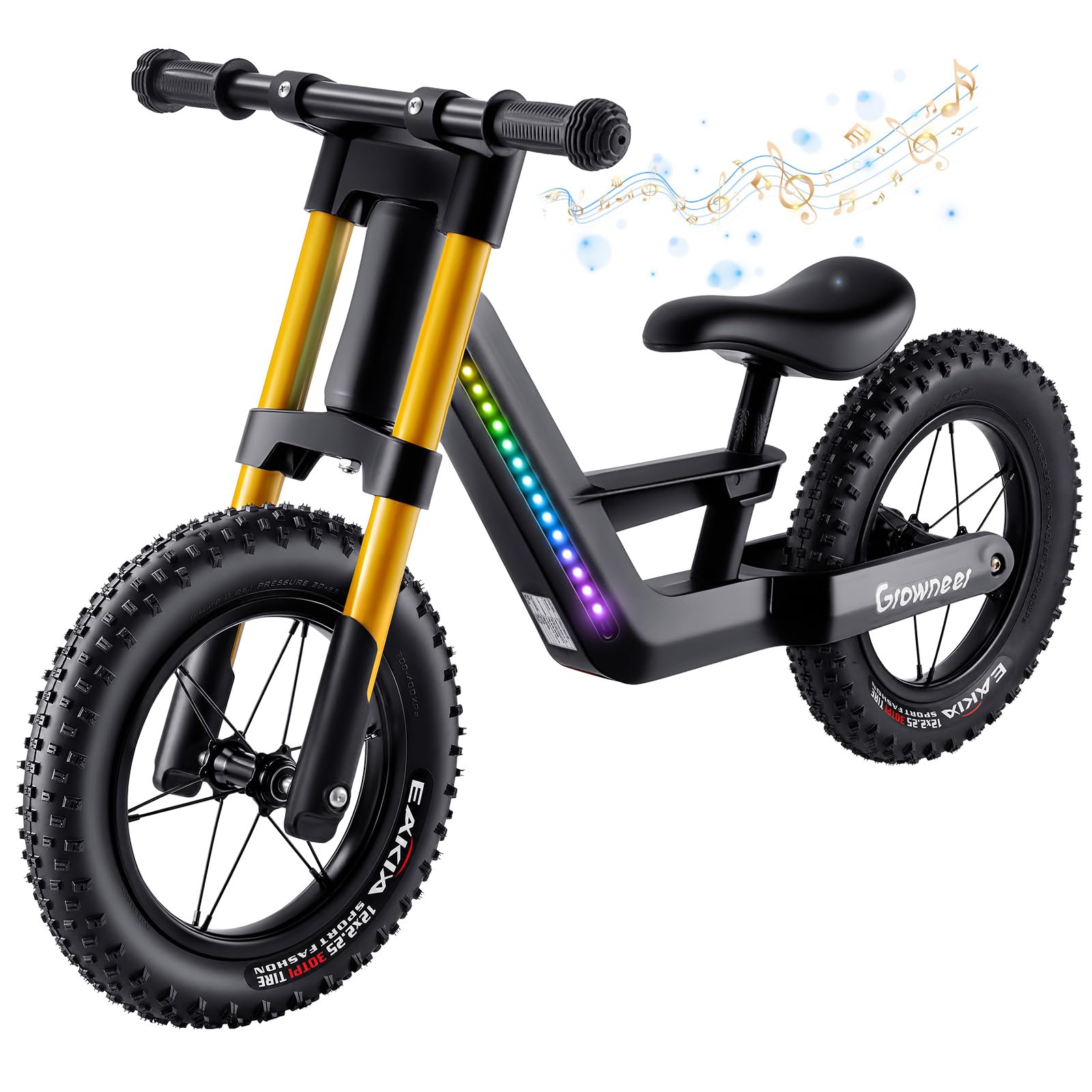 GROWNEER Kids Balance Bike with LED Lights and Music, 12" Lightweight Nylon Fibre Frame No Pedal Bike, Adjustable Seat, Pneumatic Tyres, First Bike for Boys Girls Aged 3-5 Years, Black