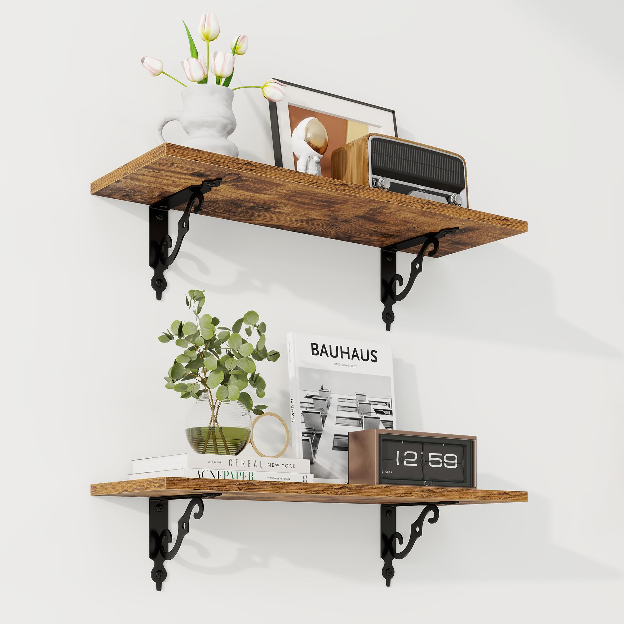 RICHFOCUS Floating Shelves for Wall Decor, 24Inch Shelves Set of 2, 24W x 8D Floating Shelves Wall Mounted with Metal Brackets, Rustic Wood Shelves