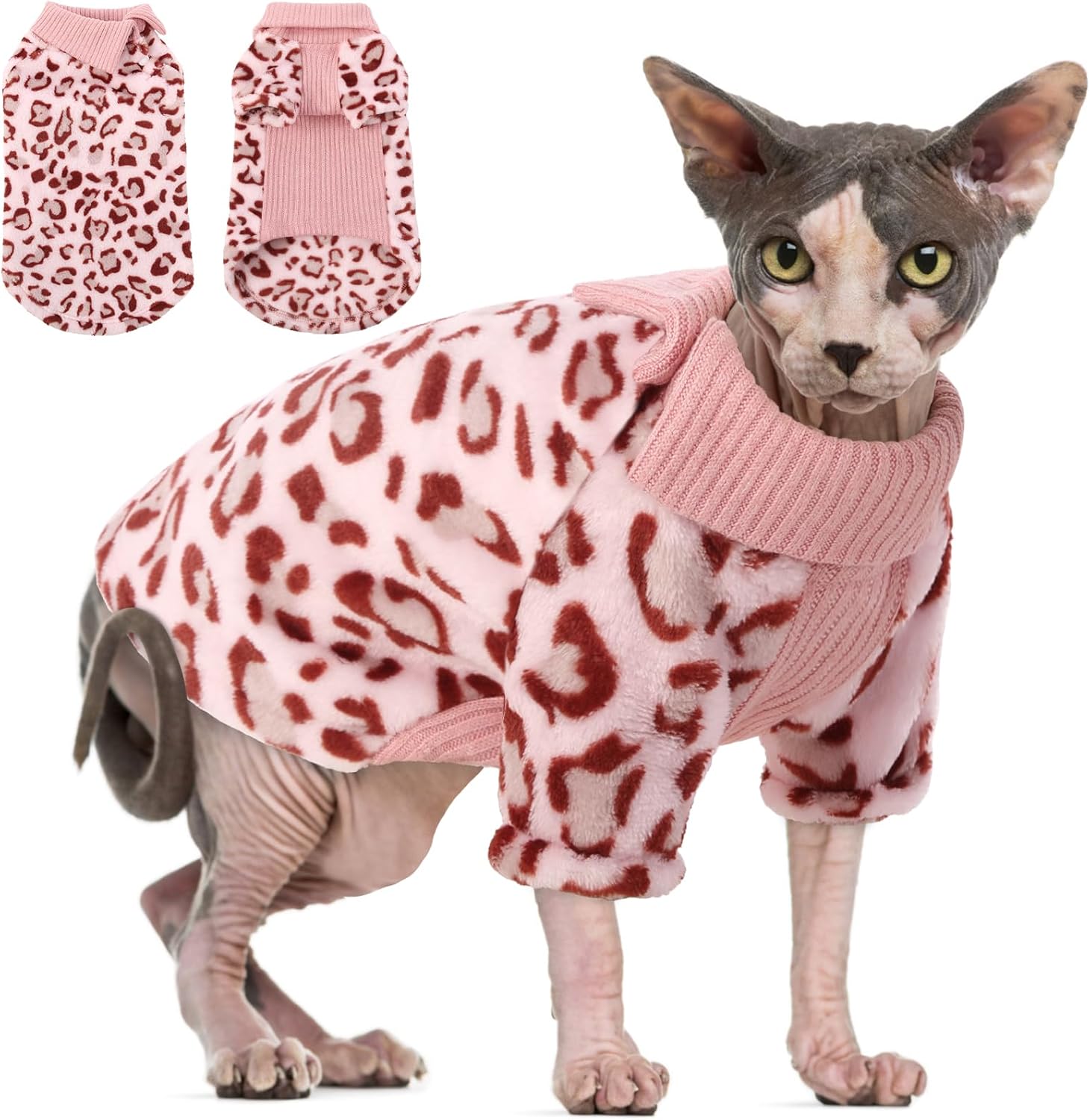 SUNFURA Leopard Print Sphynx Cat Sweater, Turtleneck Cat