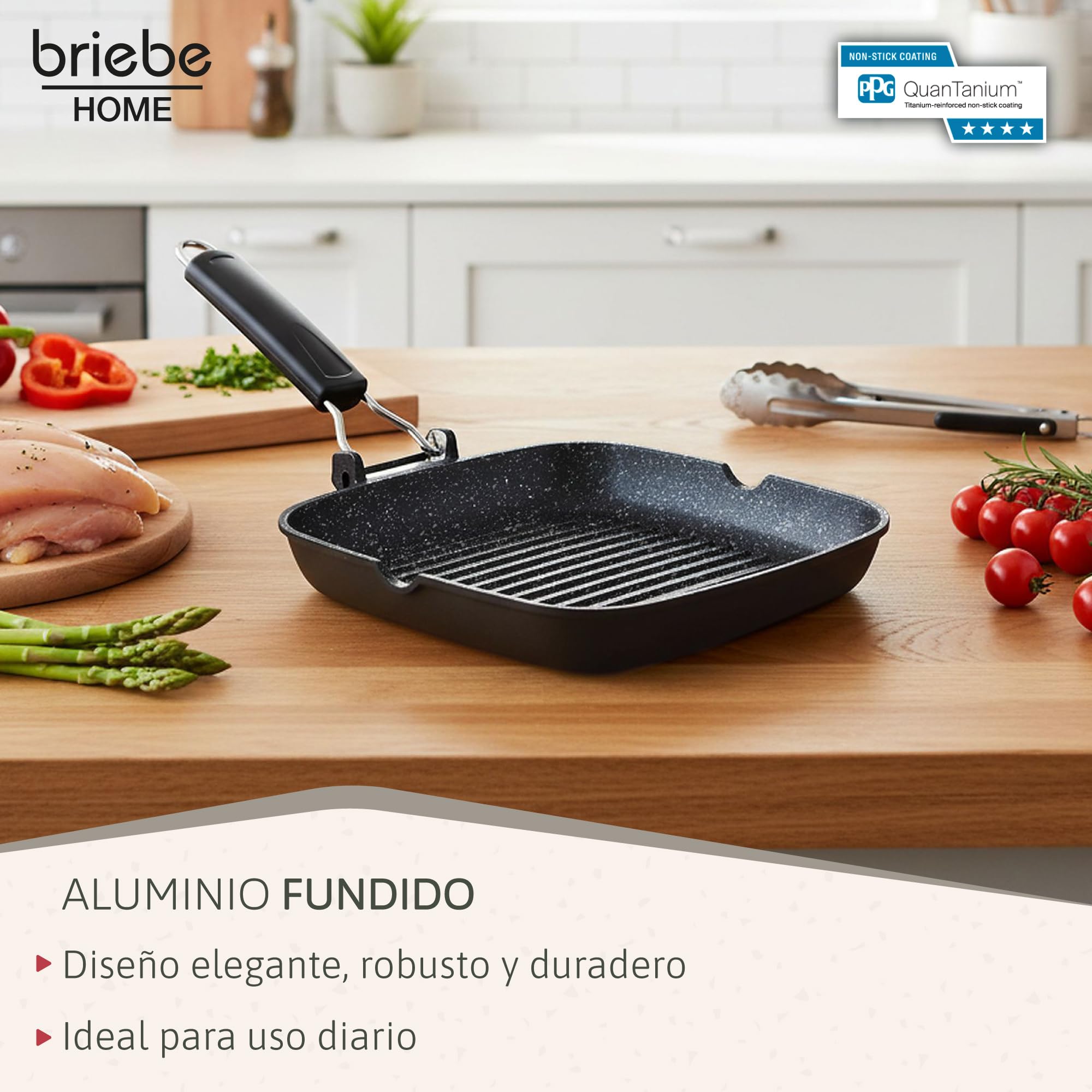 briebe Black Titanium Grill Asador Rayas, Inducción, Antiadherente Titanio, Sartén Plancha 28x28cm Aluminio Fundido sin PFOA, Mango Plegable, Apto Vitrocerámica, Gas