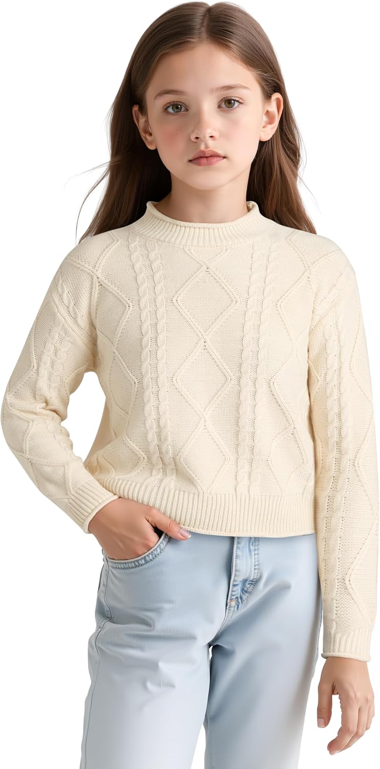 Cubear Girls' Cable Knit Pullover Sweaters Turtleneck Long Sleeve Warm Sweater for Teen Girls 5-14Y