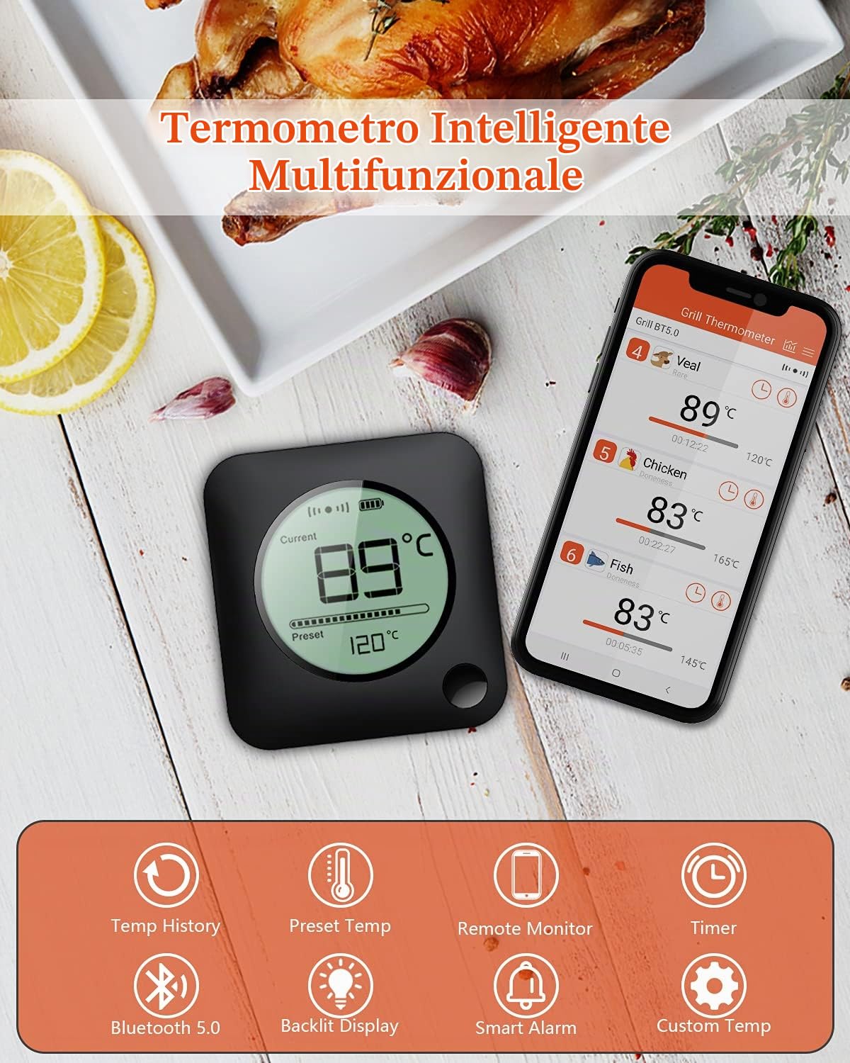 BFOUR Termometro da Cucina Digitale Termometro per Cucina Bluetooth Termometro per Carne Barbecue Wireless Termometro da Forno con Timer BBQ Griglia LED Display App 6 Sensori (Nero, 4 Sonde)